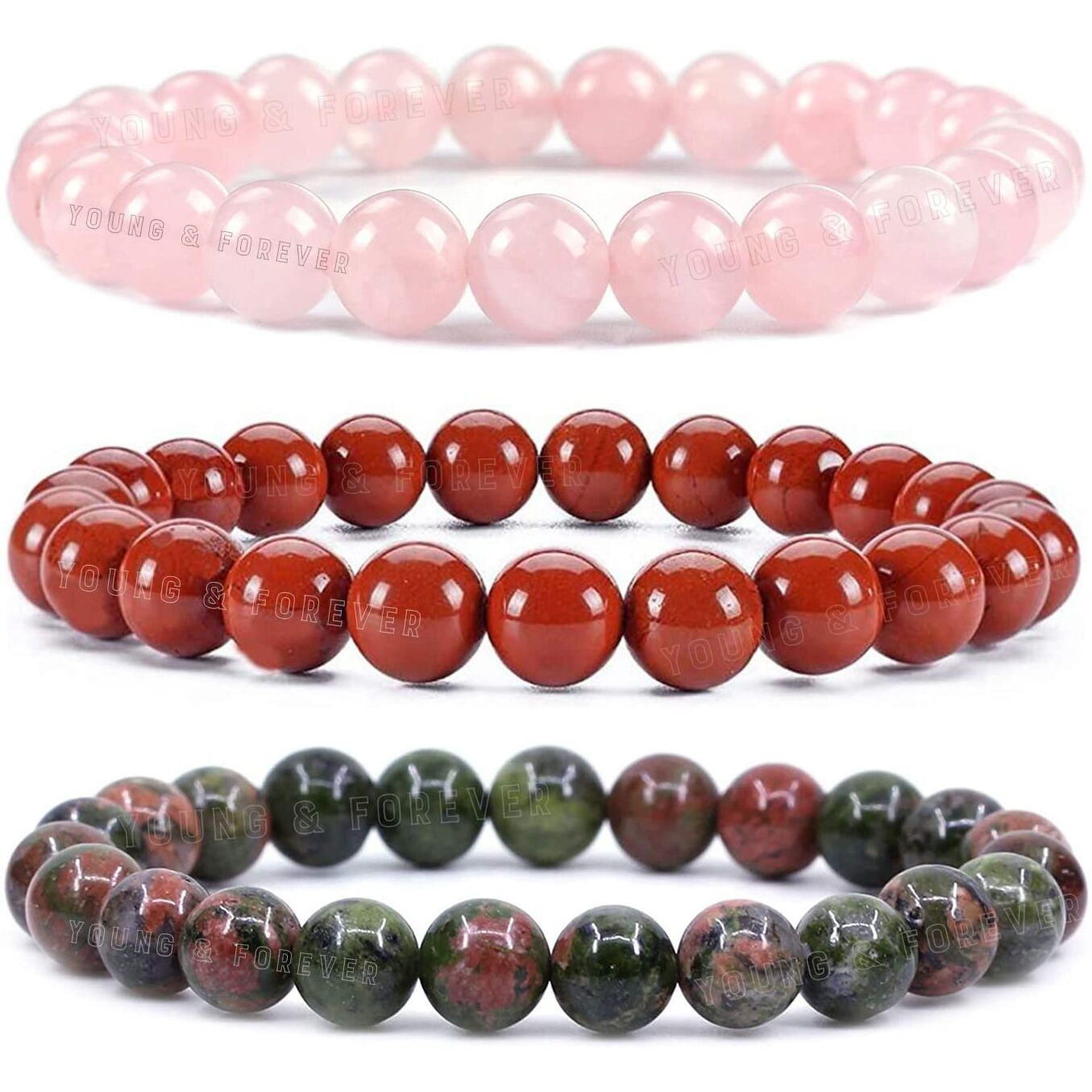 Young & Forever Gift Dvine Spiritual Natural Semi-Precious Red Jasper Rose Quartz Unakite Bracelet for Men and Women Set of 3