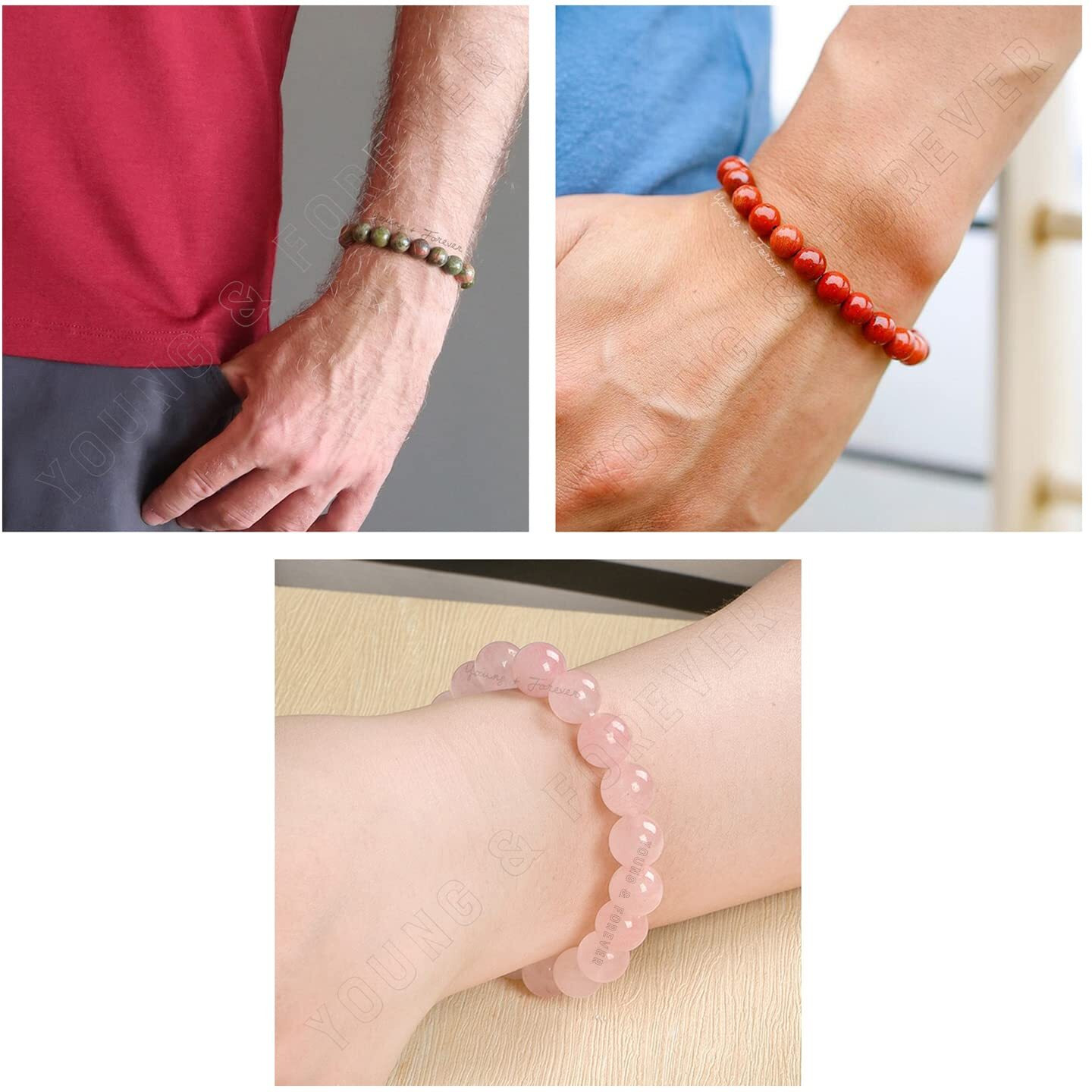 Young & Forever Gift Dvine Spiritual Natural Semi-Precious Red Jasper Rose Quartz Unakite Bracelet for Men and Women Set of 3