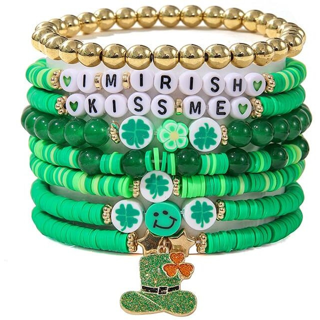 Evolluxi Preppy Bracelets Set Colorful Smiley Face Heart Star Evil Eye Beaded Polymer Clay Pearl Stackable Charm Kid core Bracelets Jewelry for Women Girls Teens. (Green)
