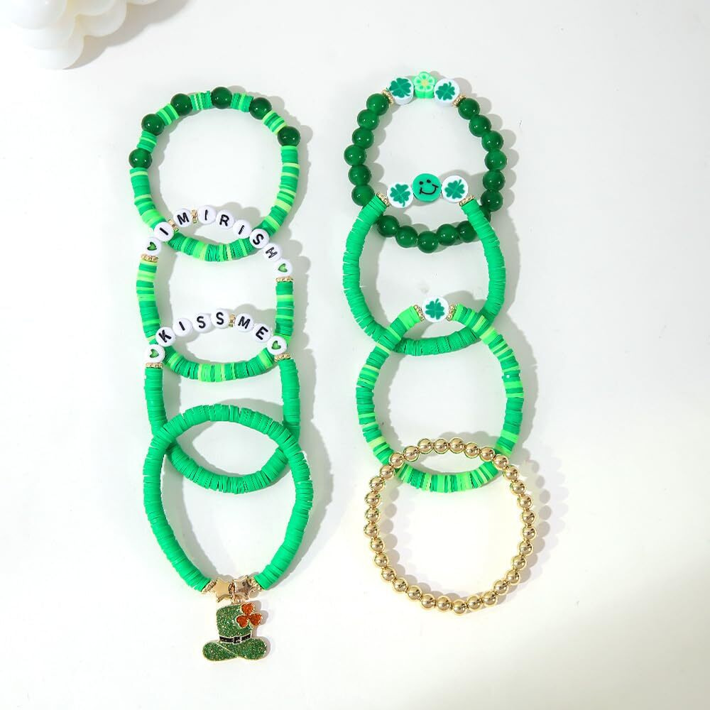Evolluxi Preppy Bracelets Set Colorful Smiley Face Heart Star Evil Eye Beaded Polymer Clay Pearl Stackable Charm Kid core Bracelets Jewelry for Women Girls Teens. (Green)