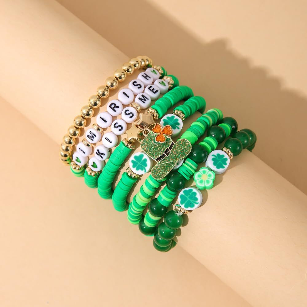 Evolluxi Preppy Bracelets Set Colorful Smiley Face Heart Star Evil Eye Beaded Polymer Clay Pearl Stackable Charm Kid core Bracelets Jewelry for Women Girls Teens. (Green)