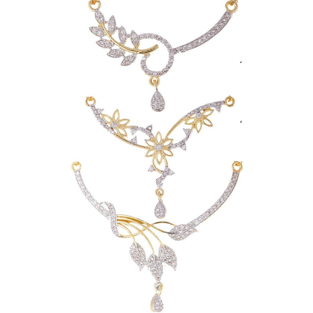 ZENEME Sparkling Gold Plated Wedding Jewellery American Diamond Solitaire Mangalsutra Tanmaniya Combo For Women (Combo 11)