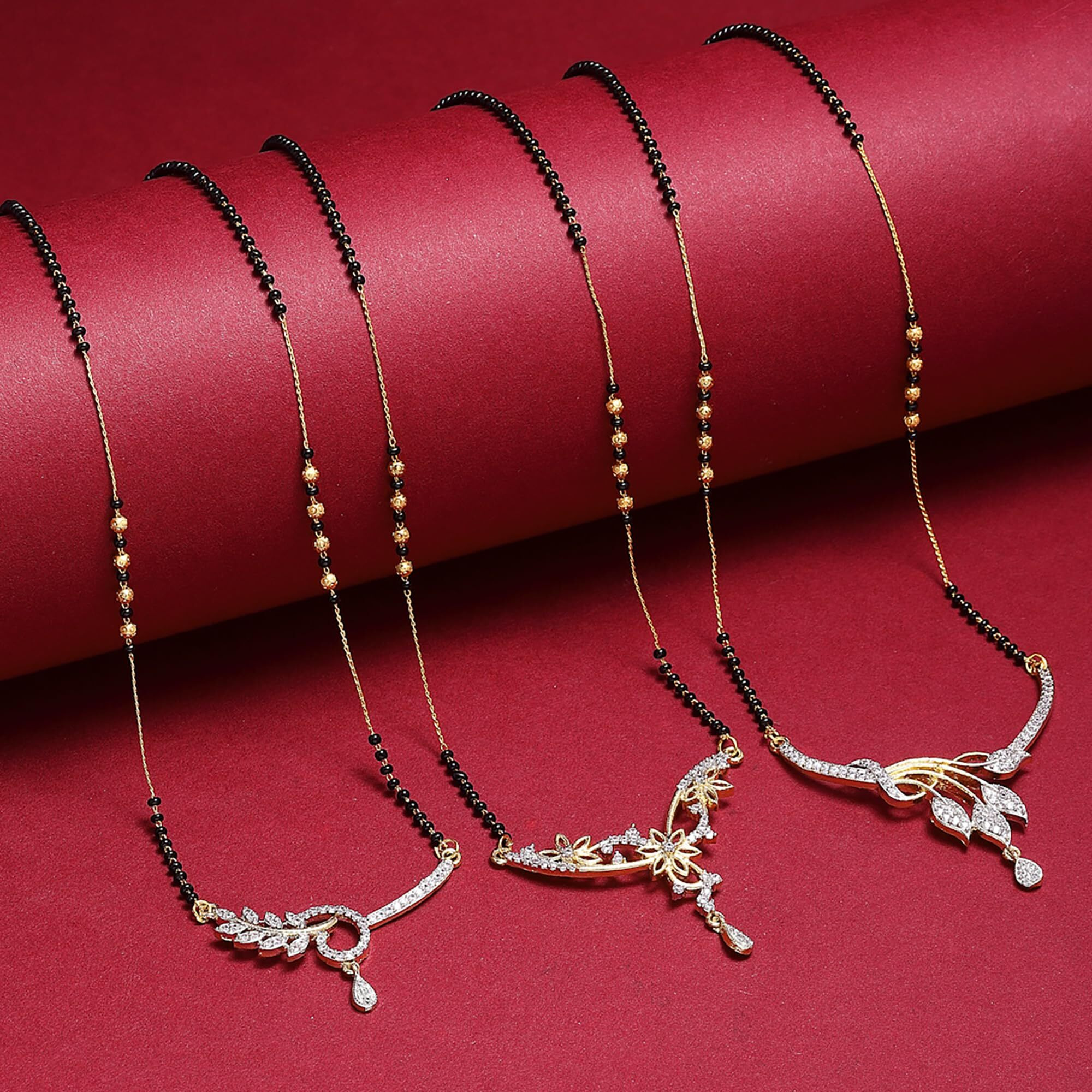 ZENEME Sparkling Gold Plated Wedding Jewellery American Diamond Solitaire Mangalsutra Tanmaniya Combo For Women (Combo 11)