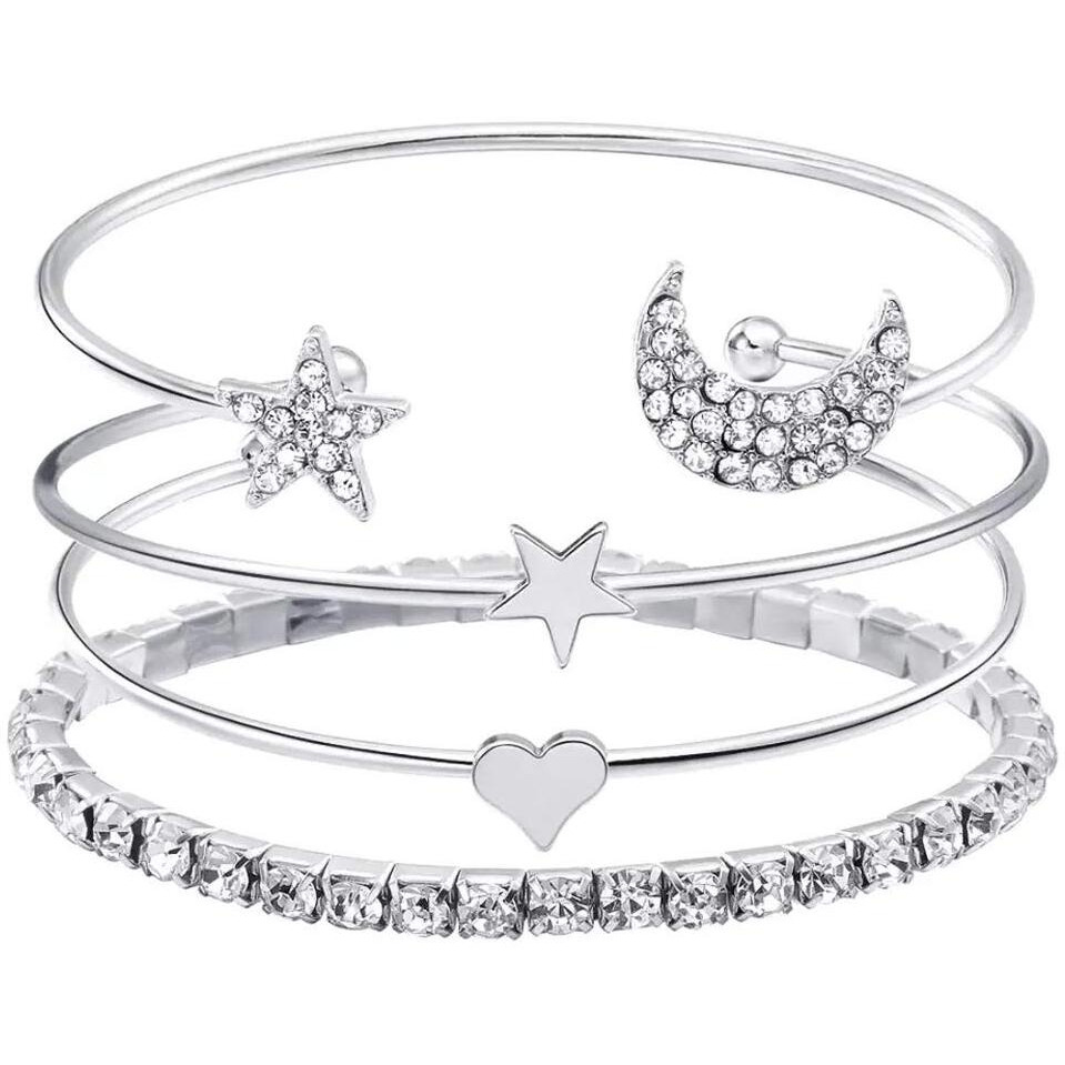 Shining Diva Fashion Crystal Multilayer Charm Bangle Silver Plated Bracelet for Women and Girls (Silver) (9914b)