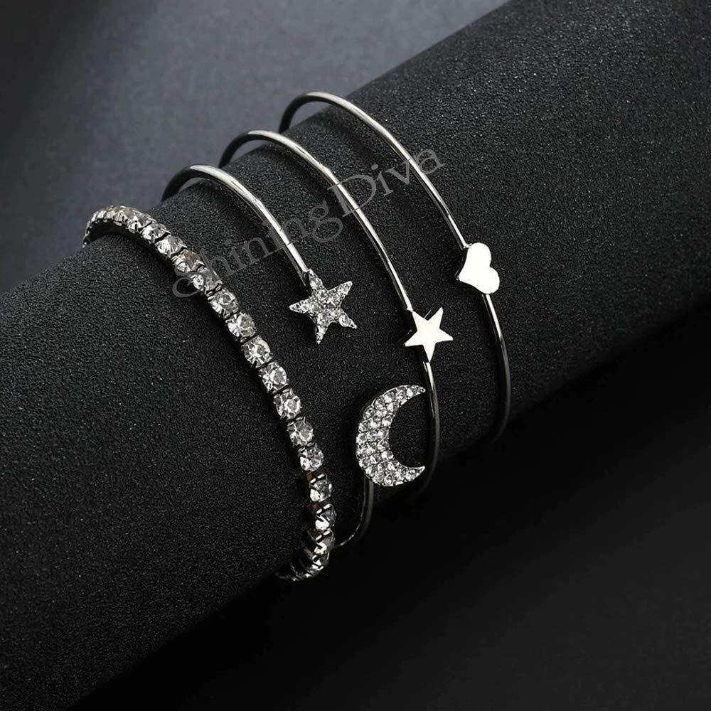 Shining Diva Fashion Crystal Multilayer Charm Bangle Silver Plated Bracelet for Women and Girls (Silver) (9914b)