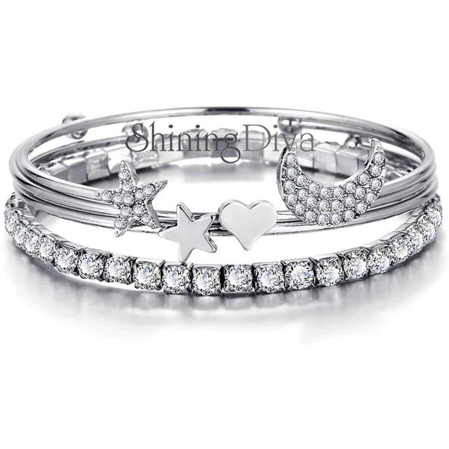 Shining Diva Fashion Crystal Multilayer Charm Bangle Silver Plated Bracelet for Women and Girls (Silver) (9914b)