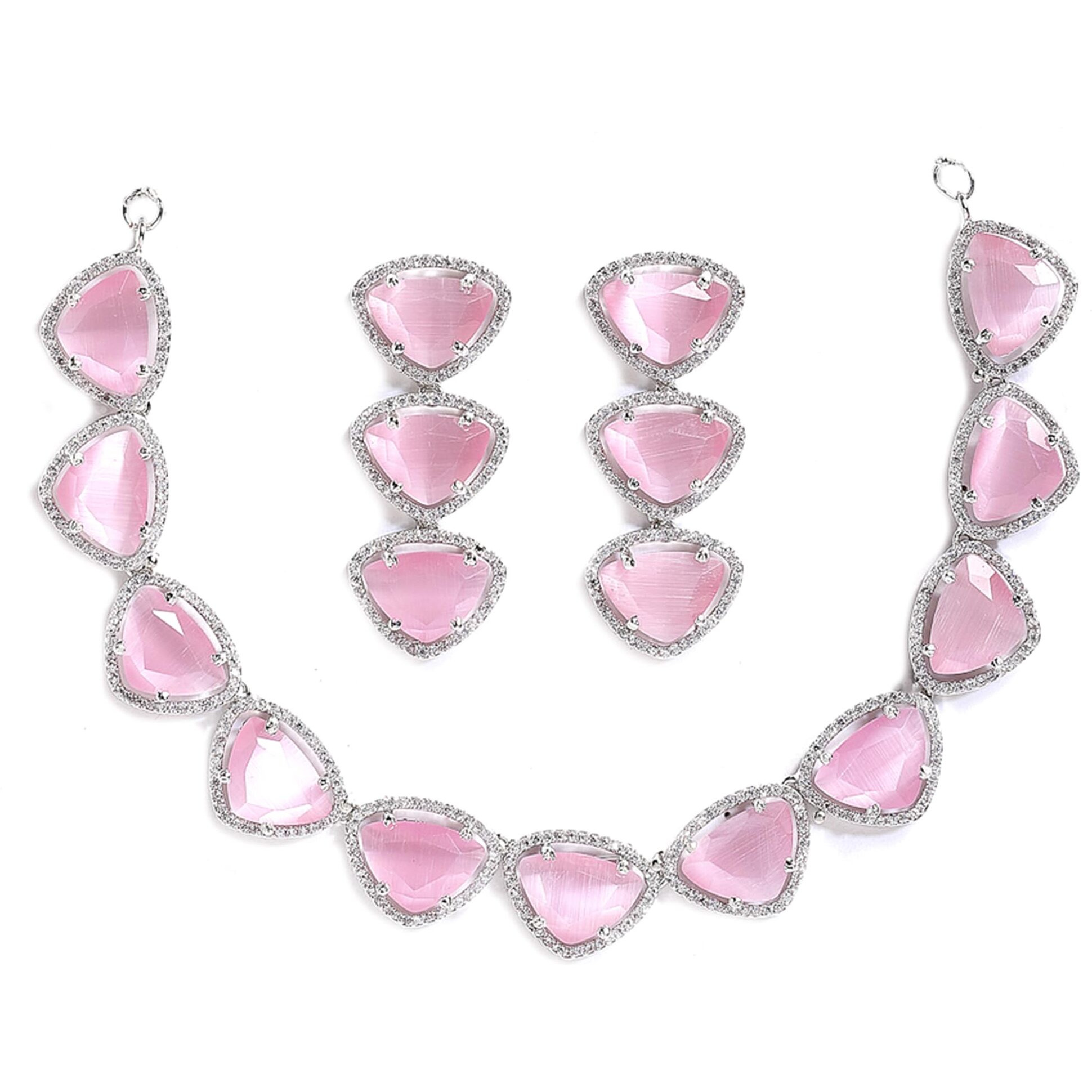 ZENEME Rhodium Plated Silver Toned Triangular Shaped American Diamond Studded Jewellery Set For Women and Girl (Pink_Design_01)