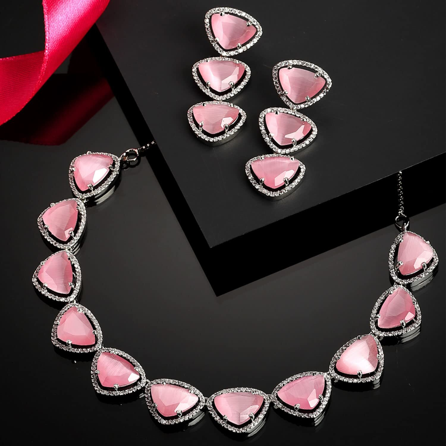 ZENEME Rhodium Plated Silver Toned Triangular Shaped American Diamond Studded Jewellery Set For Women and Girl (Pink_Design_01)