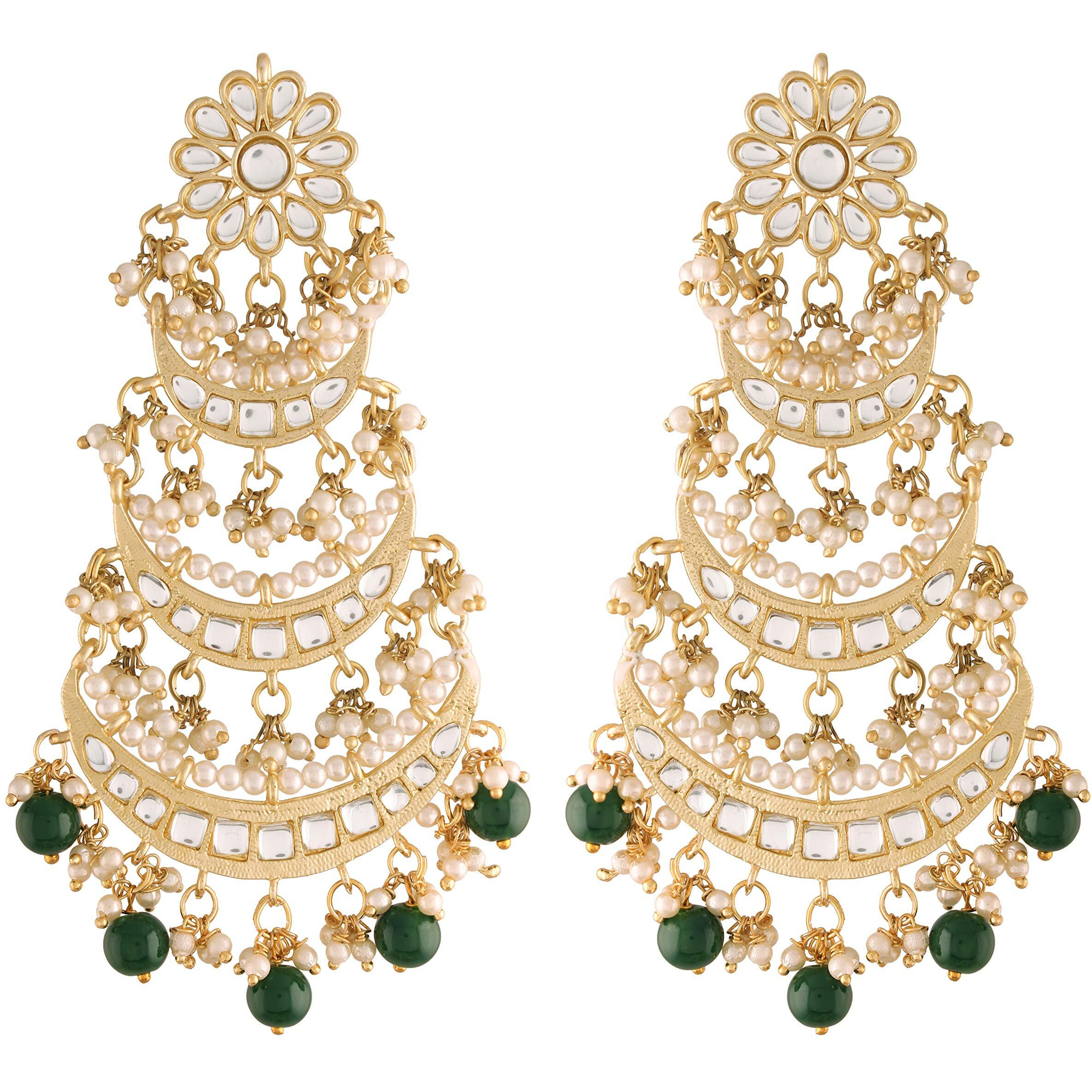 I Jewels 18K Gold Plated 3 Layered Beaded Chandbali Earrings with Kundan and Pearl Work for Women (E2859G)