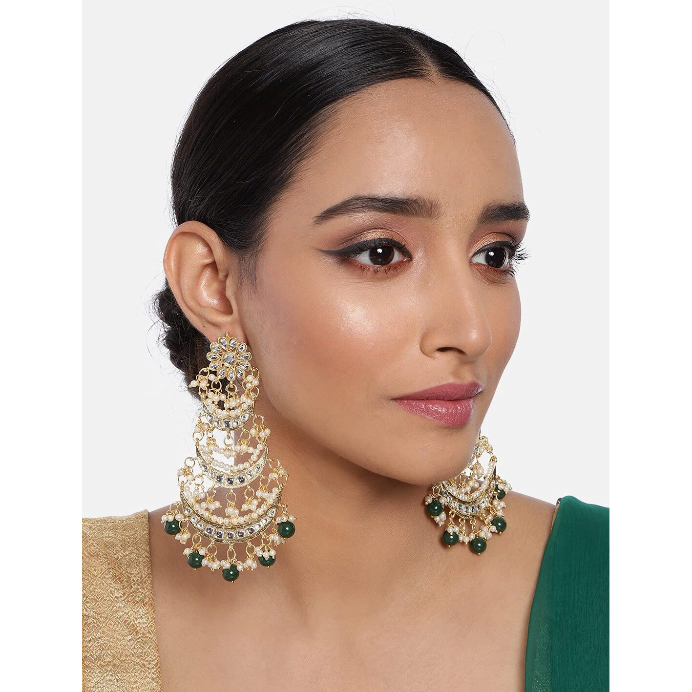 I Jewels 18K Gold Plated 3 Layered Beaded Chandbali Earrings with Kundan and Pearl Work for Women (E2859G)