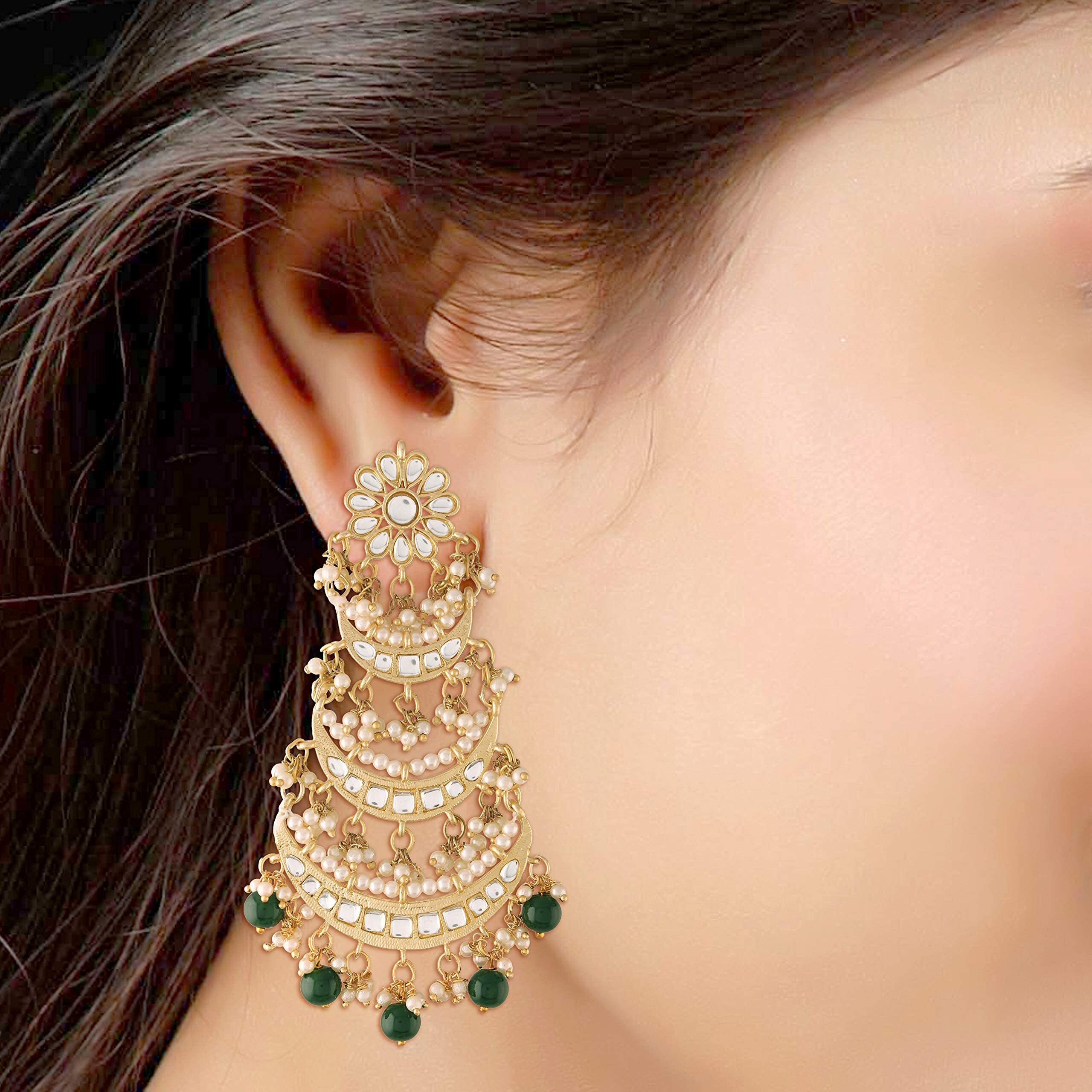 I Jewels 18K Gold Plated 3 Layered Beaded Chandbali Earrings with Kundan and Pearl Work for Women (E2859G)