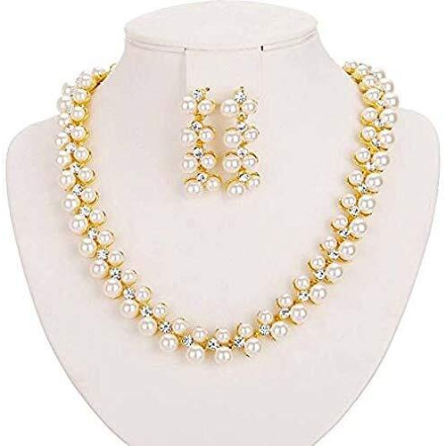 Shining Diva 18k Gold Plated Pearl Necklace Set/Jewellery Set with Earrings for Women/Girls (White) (8396s)