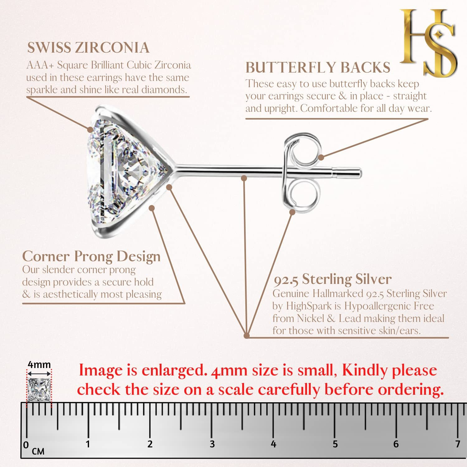 HighSpark 925 Silver Square Solitaire Stud Earrings | 92.5 Sterling Silver & Square Brilliant Cubic Zirconia Tops for Men Women Boys & Girls | Silver 4mm