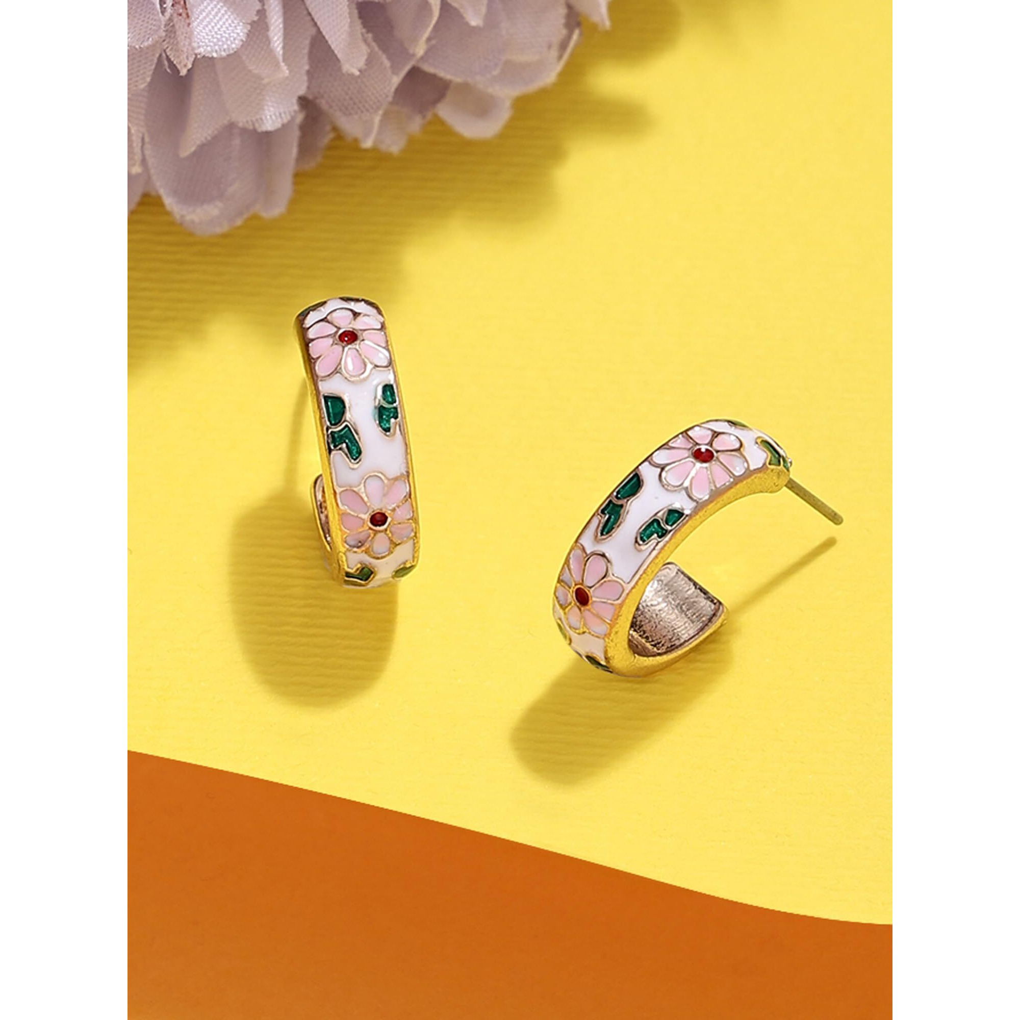 Zaveri Pearls Multicolor Enamel Contemporary Floral Semi Hoop Studs Earring For Women-ZPFK16141