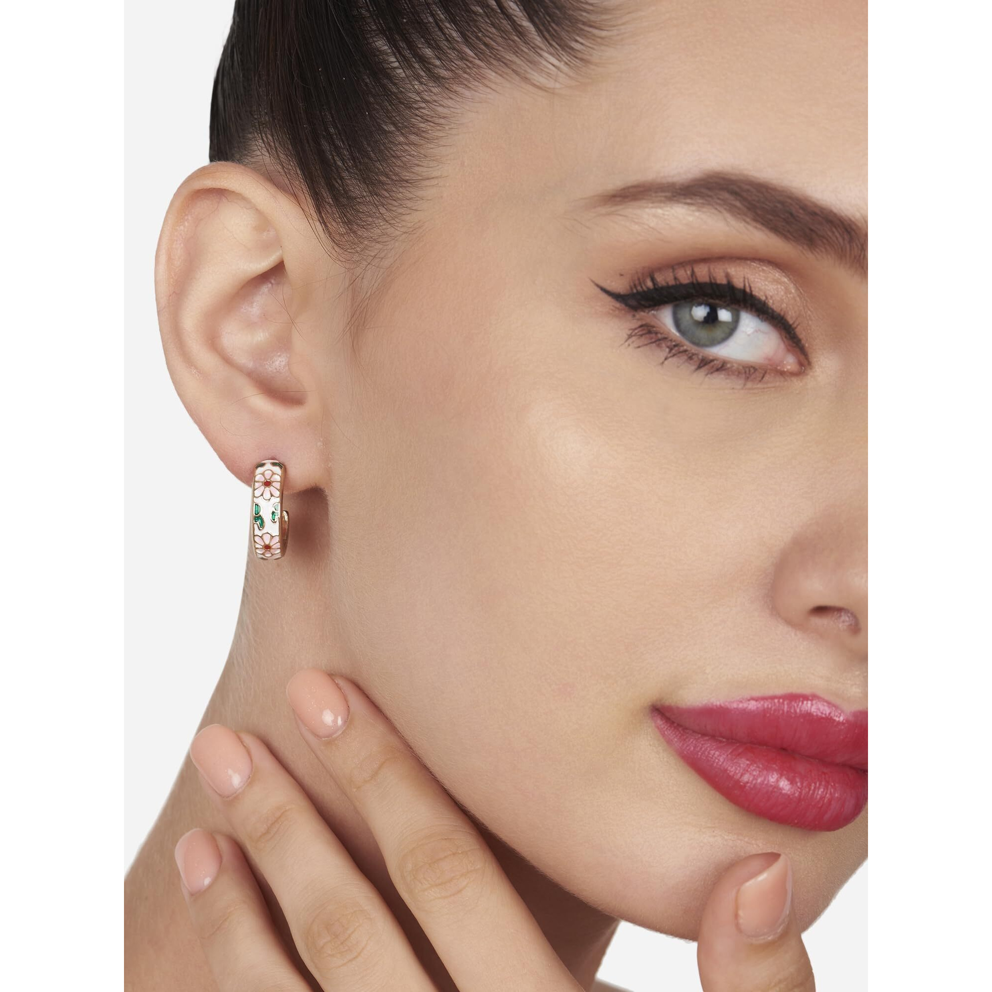 Zaveri Pearls Multicolor Enamel Contemporary Floral Semi Hoop Studs Earring For Women-ZPFK16141