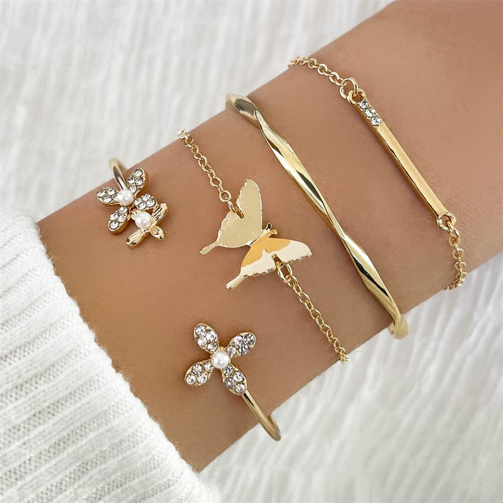 Shining Diva Fashion Latest Stylish 4pcs Multilayer Butterfly Flower Bangle Bracelet for Women and Girls (14749b)
