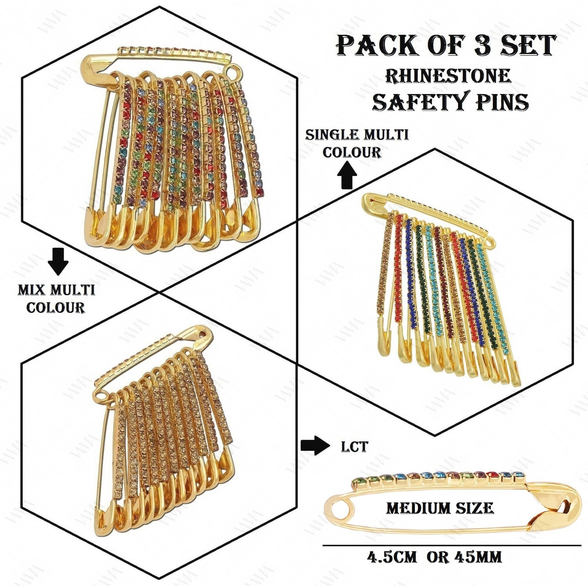 VAMA South Indian Traditional Multicolor Rhinestone Safety Saree Pin Dress Kurtis Pallu Dupatta Chunari Scarf Sari Pleats Pins For Women - (Saree Pin For Pleats) (Rhinestone Safety Pins Bulk)