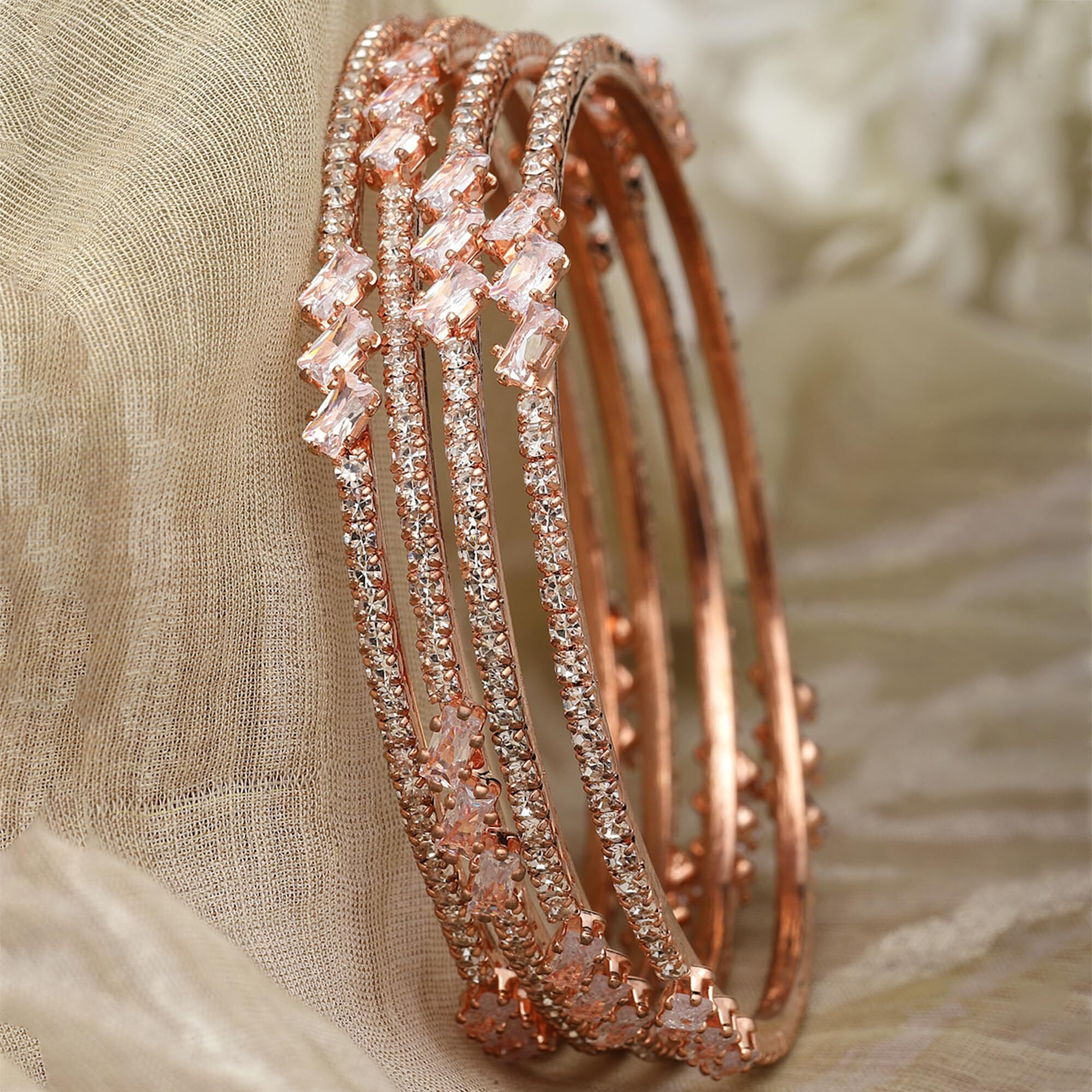 ZENEME Rose Gold-Plated Lime Green & White Oval Shaped AD studded Handcrafted Bangles Set for Girls and Women (Set Of 4) (2.8) (Style_01, 2.8 Inches)