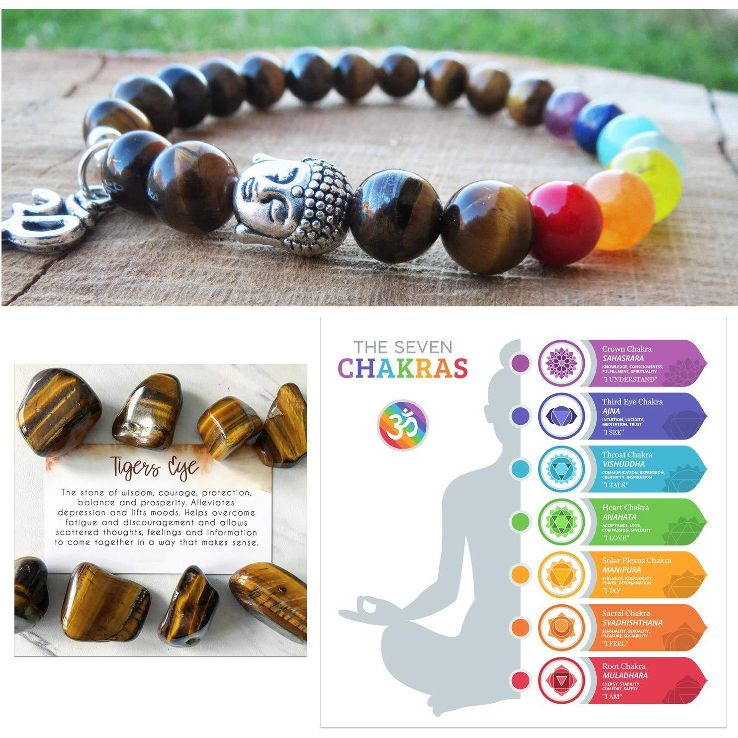 Young & Forever Gift Lava Stone 7 Chakra Hamsa Hand Evil Eye Healing Yoga Beads Strand Bracelet for Women and Men