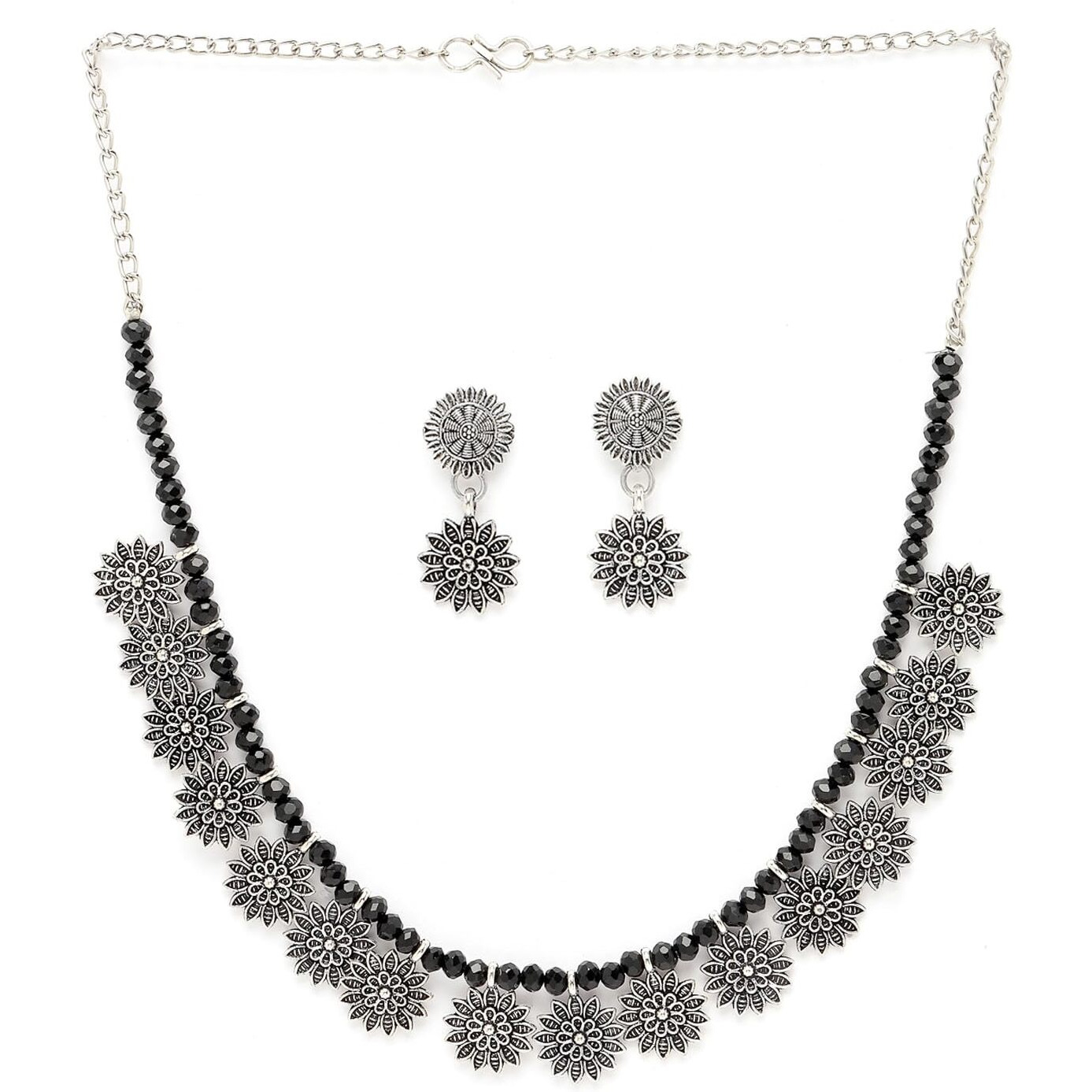Sukkhi Trendy Oxidised Silver Plated Floral Shaped Collar Bone Necklace Set And Earring | Jewellery Set For Women (NS105541)