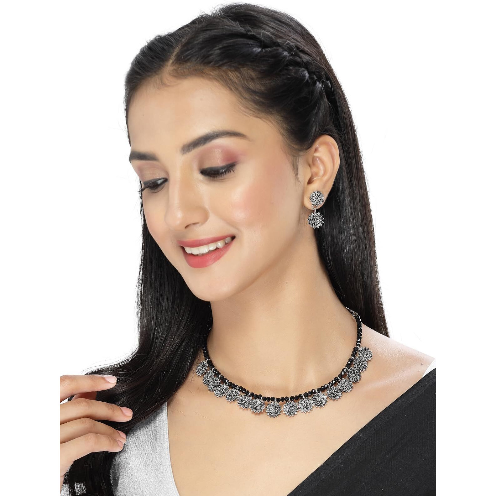 Sukkhi Trendy Oxidised Silver Plated Floral Shaped Collar Bone Necklace Set And Earring | Jewellery Set For Women (NS105541)