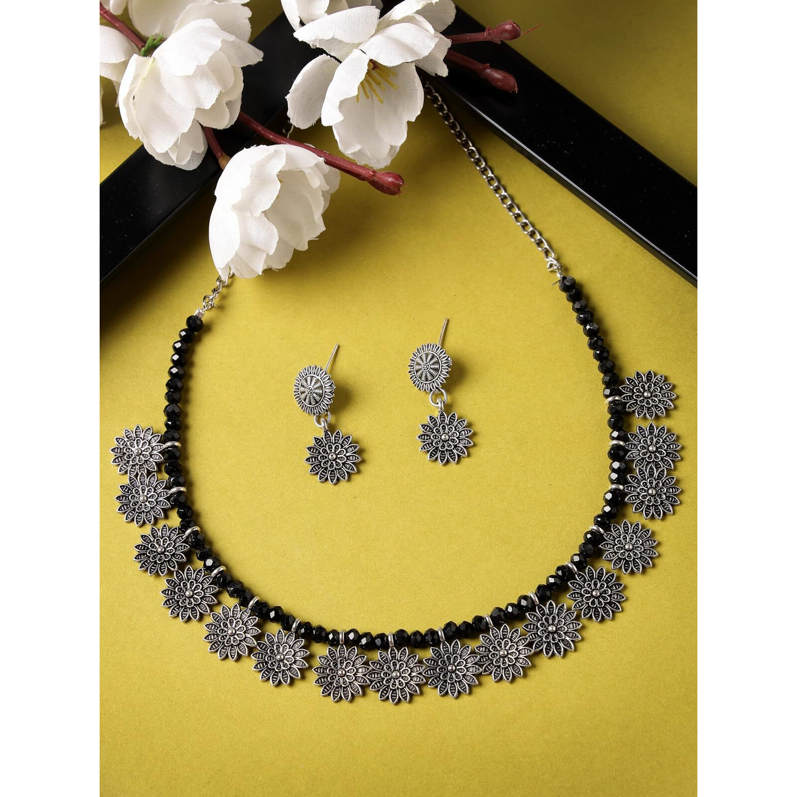 Sukkhi Trendy Oxidised Silver Plated Floral Shaped Collar Bone Necklace Set And Earring | Jewellery Set For Women (NS105541)