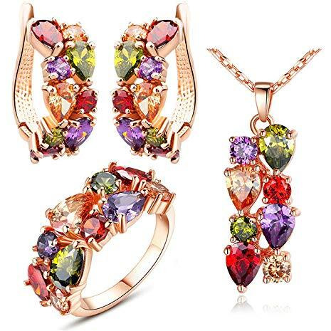YouBella Jewellery Set Multi-Color AAA Swiss Zircon Rose Gold Crystal Necklace Pendant Ring Bracelet Bangle and earrings Jewellery Combo For Girls and Women (Pendant, Earrings & Ring)