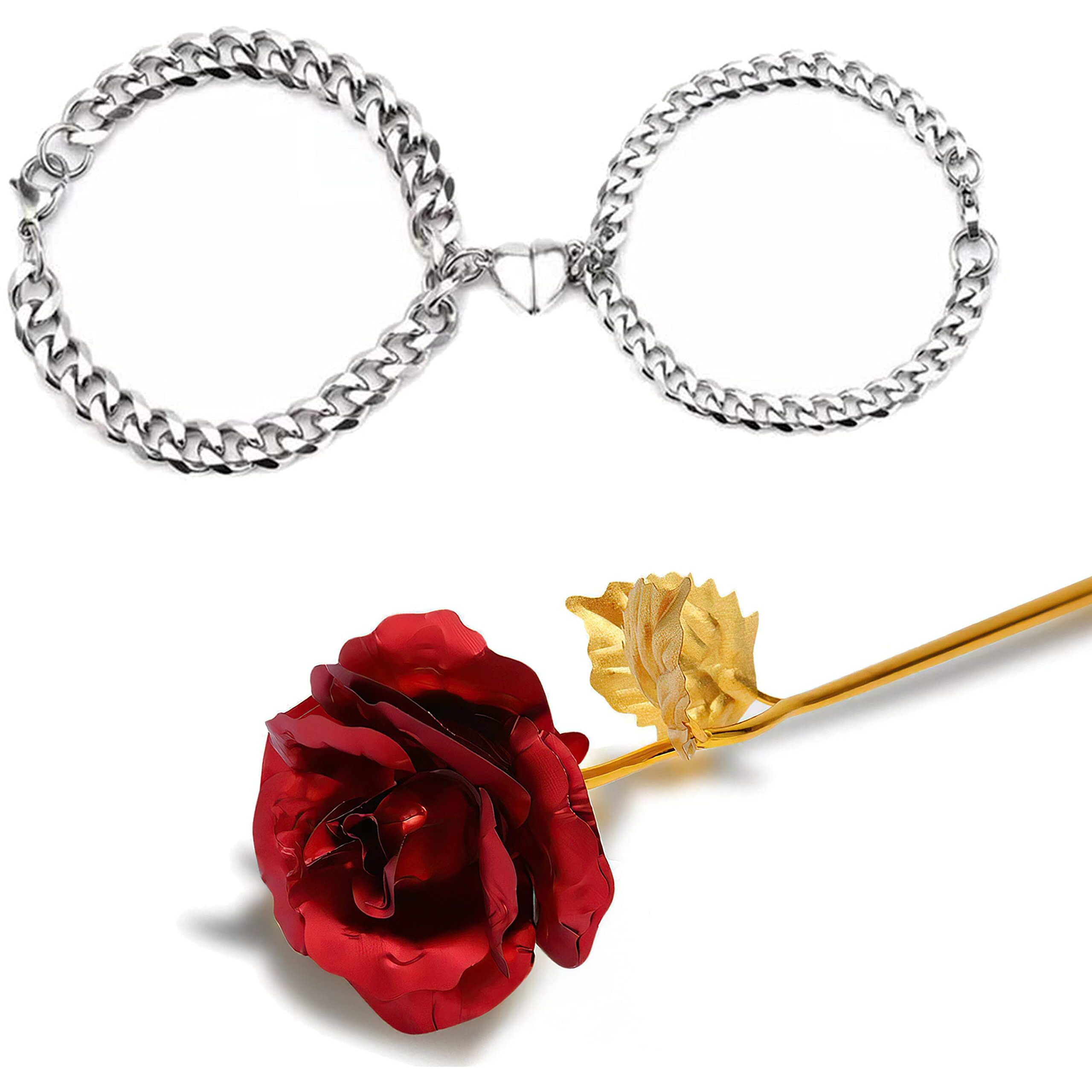 Fashion Frill Silver Couple Bracelet Magnetic Silver Plated Heart Bracelets Love Couples Bracelets Friendship Promise 2 In 1 Wrist Band Link Chain Bracelet For Men (With Golden Flower)