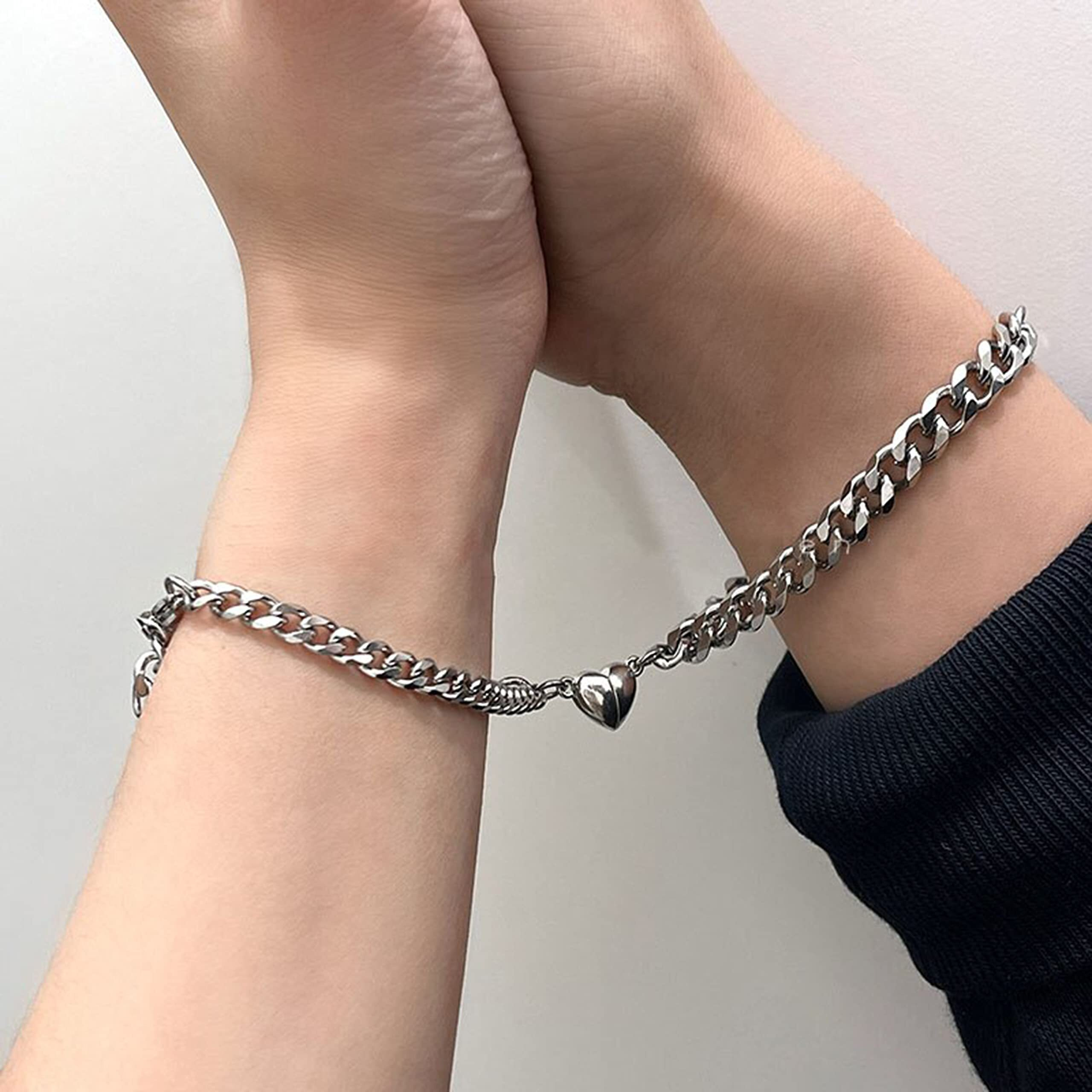 Fashion Frill Silver Couple Bracelet Magnetic Silver Plated Heart Bracelets Love Couples Bracelets Friendship Promise 2 In 1 Wrist Band Link Chain Bracelet For Men (With Golden Flower)