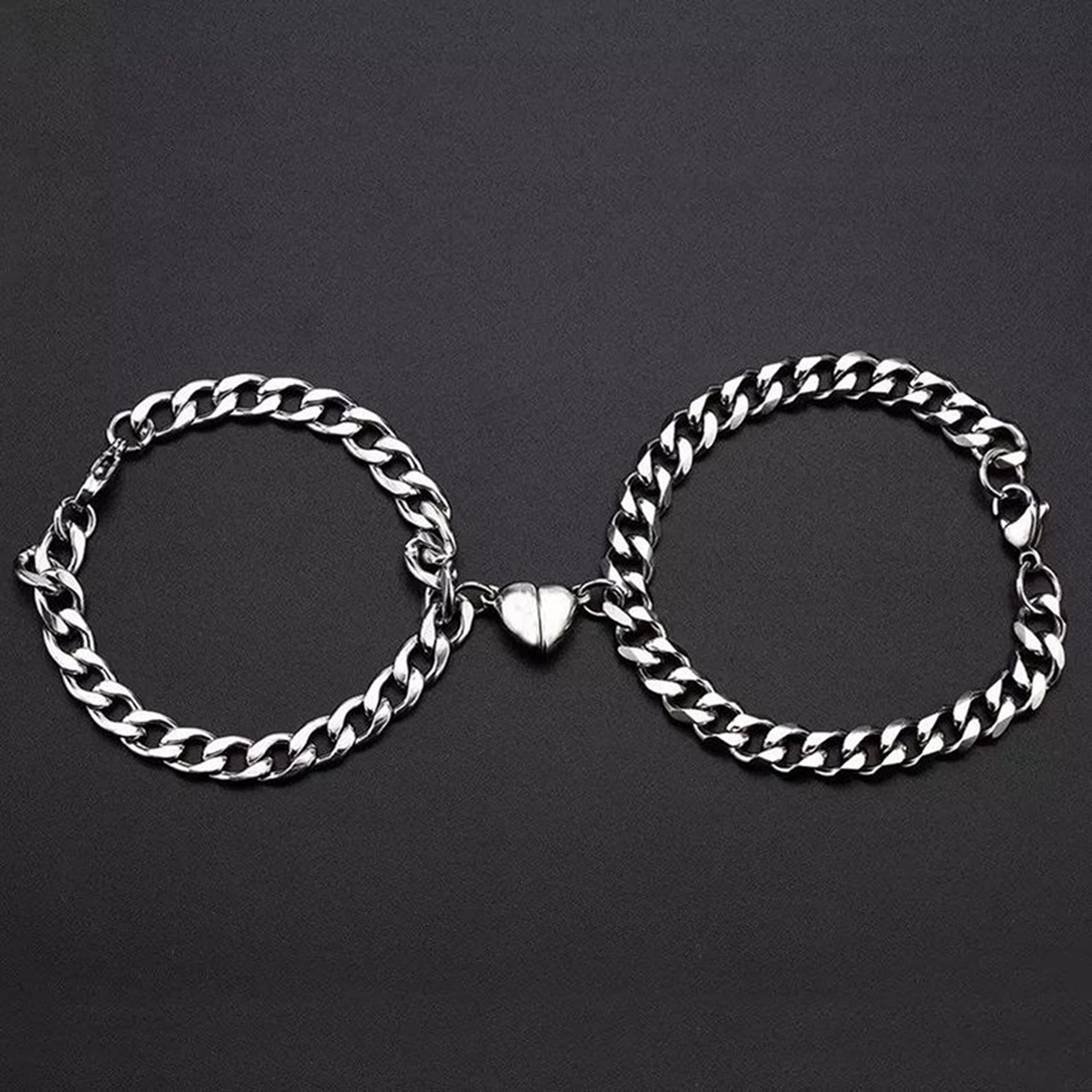 Fashion Frill Silver Couple Bracelet Magnetic Silver Plated Heart Bracelets Love Couples Bracelets Friendship Promise 2 In 1 Wrist Band Link Chain Bracelet For Men (With Golden Flower)