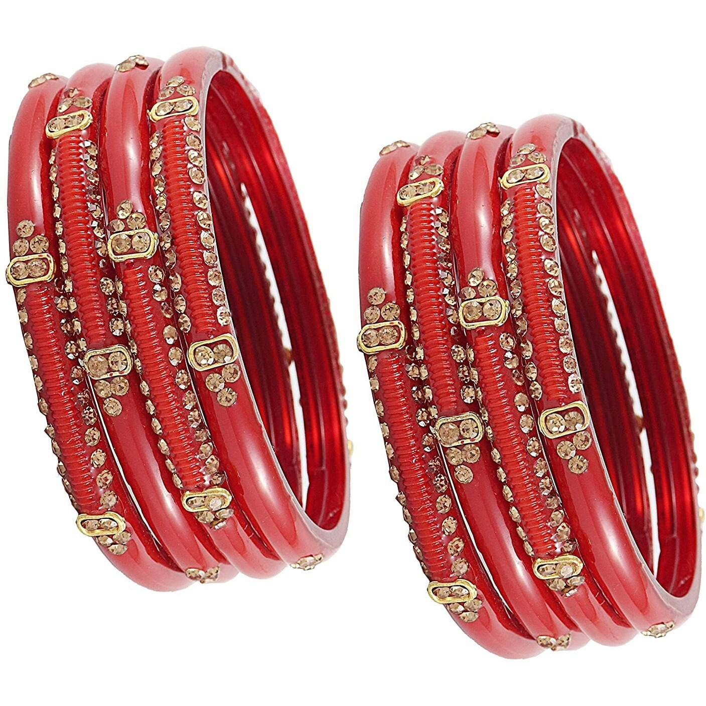 NMII Glass with Zircon Gemstone Studded worked Glossy Finished Kada Set For Women and Girls, (T.Red1_2.4 Inches), Pack Of 16 Kada Set