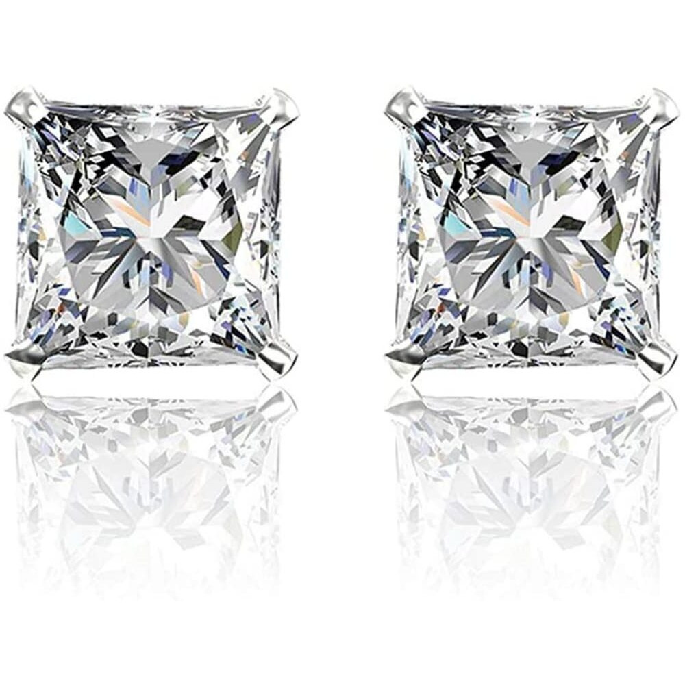 HIGHSPARK 925 Silver Square Solitaire Stud Earrings | 92.5 Sterling Silver & Square Brilliant Cubic Zirconia Tops for Men Women Boys & Girls | Silver 6mm