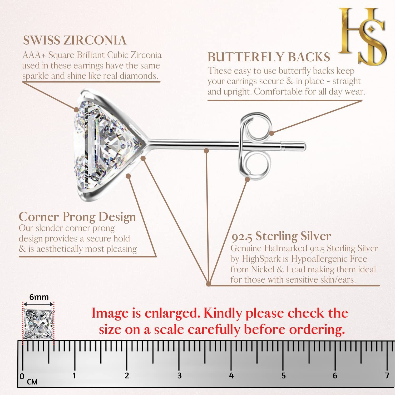 HIGHSPARK 925 Silver Square Solitaire Stud Earrings | 92.5 Sterling Silver & Square Brilliant Cubic Zirconia Tops for Men Women Boys & Girls | Silver 6mm