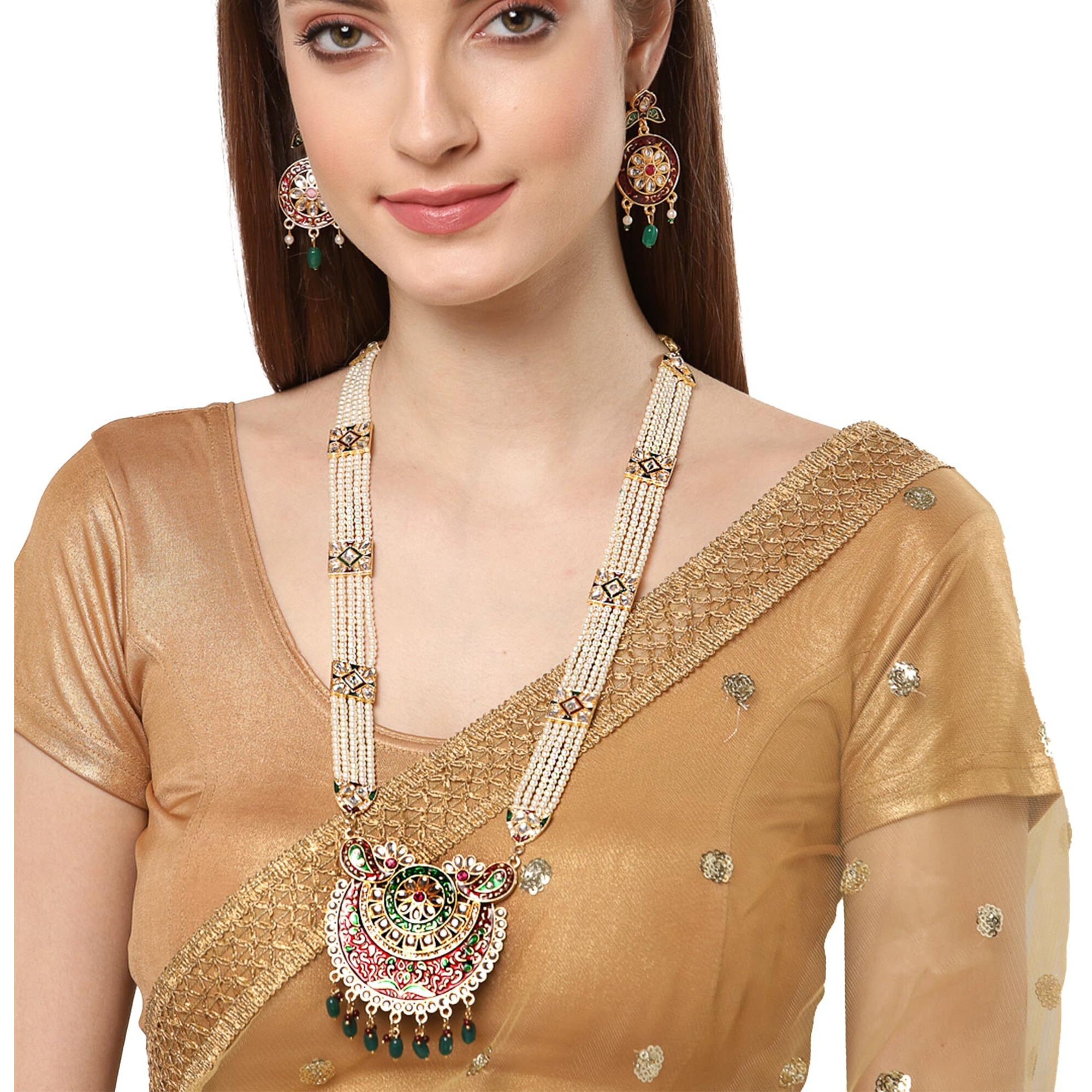 ZENEME Jewellery Set Gold Plated Long Necklace Hyderabadi Design Pearl Peacock Necklace Set With Earring Jewellery For Women & Girls (Design)