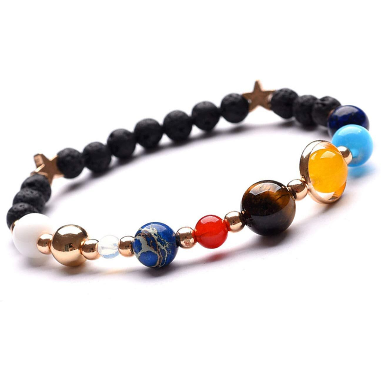 Young & Forever Gift Jewellery DVine Tiger Eye Lapis Lazuli Red Agate Lava Rock Diffuser Healing Beads Yoga Reiki Gold Star Natural Stone Energy Planet Strand Bracelet For Unisex Adult