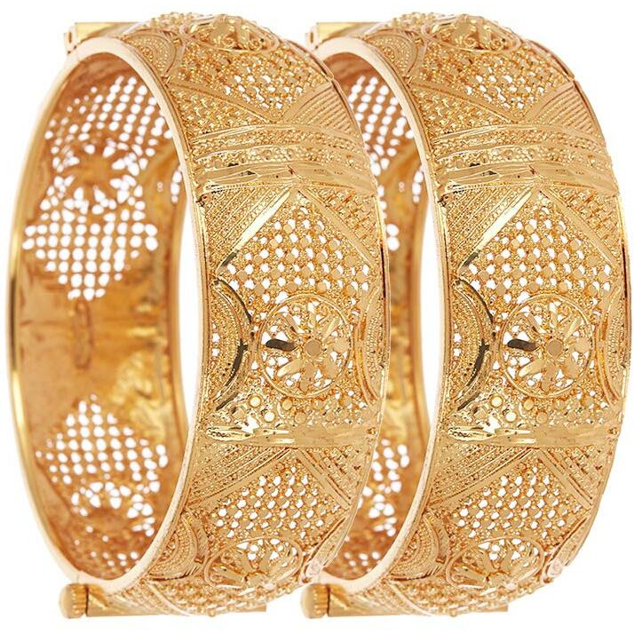 ZENEME Bangle Gold Plated Copper Brass Alloy Traditional & heavy look in Golden Broad Kada Set Of 2 Bangle Jewellery For Girl and Women (2.6).