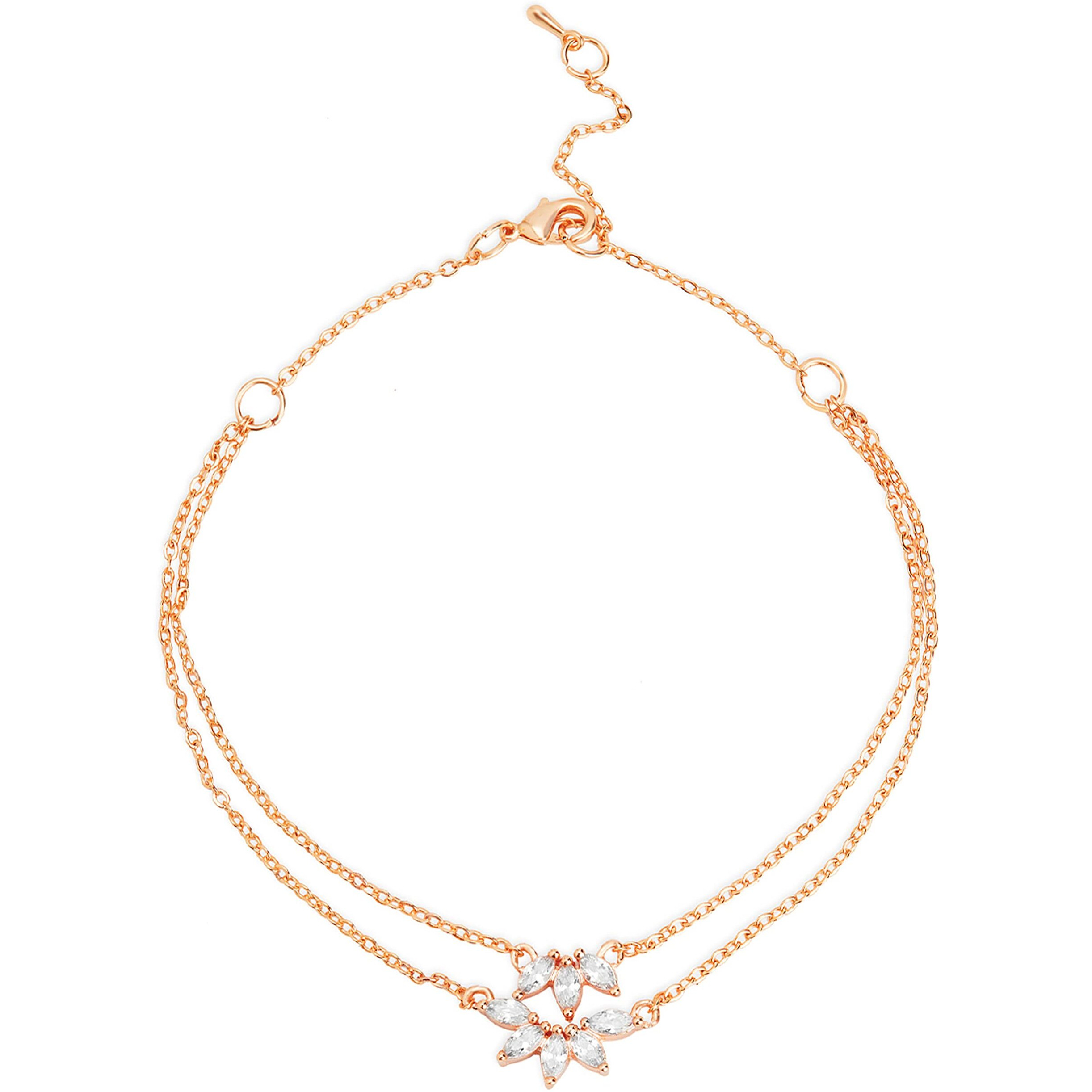 MINUTIAE Flower Shape Layered Anklet With Solitaire Crystal Diamonds Painjan Payal Foot Chain Jewellery For Women and Girls (Rose Gold)