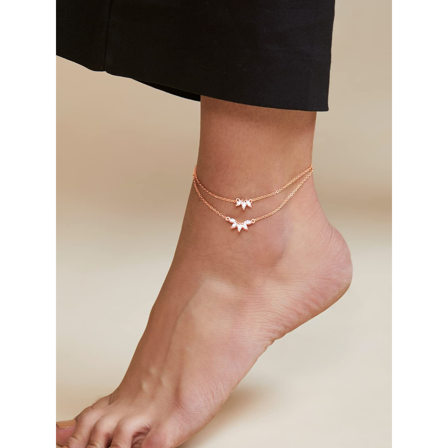 MINUTIAE Flower Shape Layered Anklet With Solitaire Crystal Diamonds Painjan Payal Foot Chain Jewellery For Women and Girls (Rose Gold)