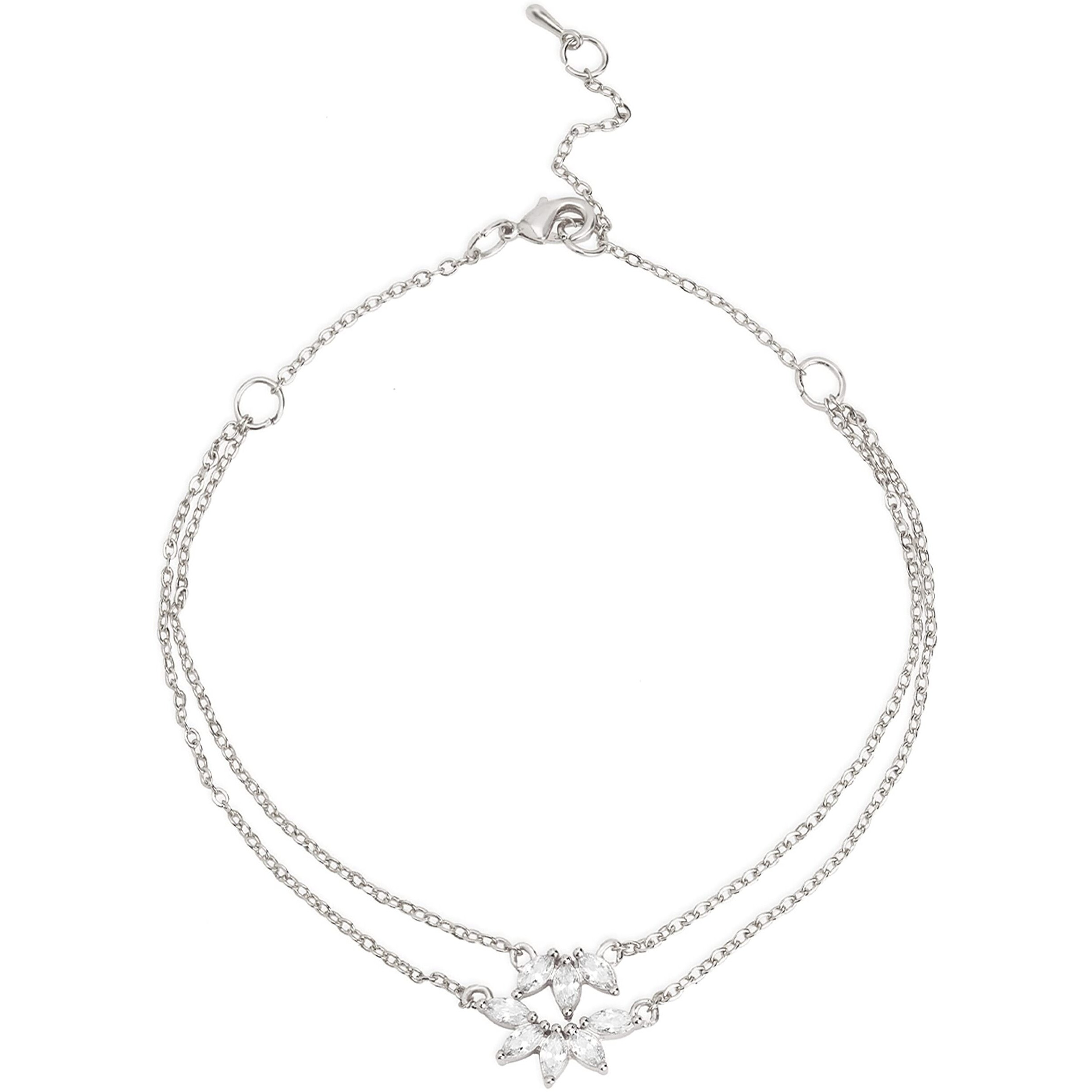 MINUTIAE Flower Shape Layered Anklet With Solitaire Crystal Diamonds Painjan Payal Foot Chain Jewellery For Women and Girls (Silver)