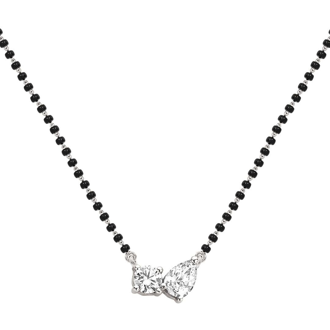 MINUTIAE Stylish AD Pendant Necklace Black Beads Mangalsutra For Women With Extendable Chain (Silver)