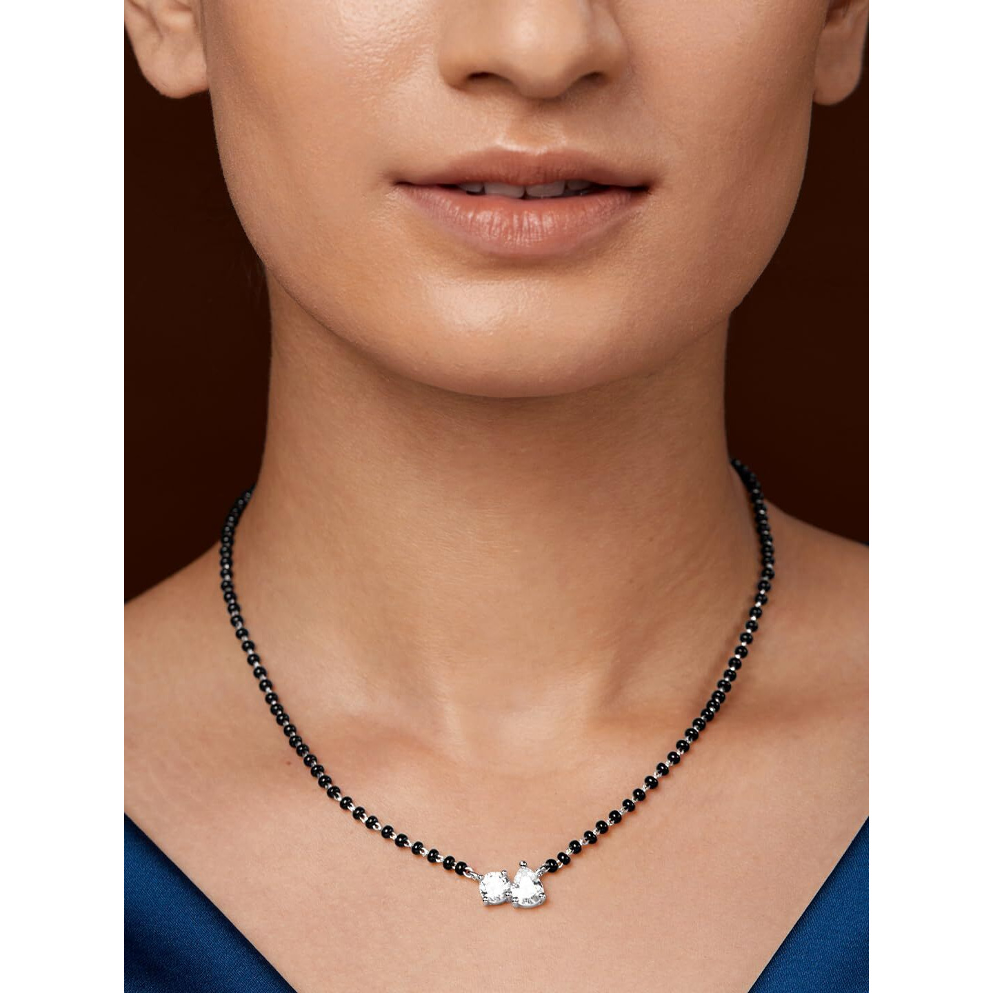 MINUTIAE Stylish AD Pendant Necklace Black Beads Mangalsutra For Women With Extendable Chain (Silver)