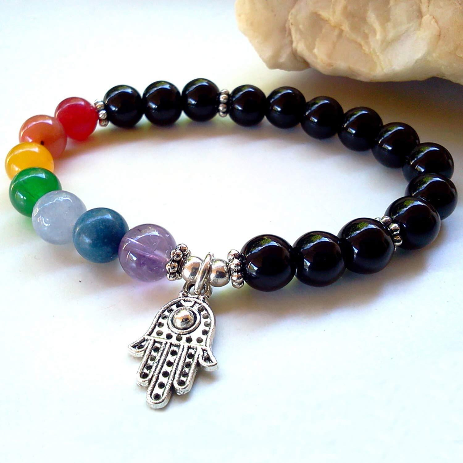 Young & Forever Gift Unisex Adult DVine Hamsa Hand Onyx Beads 7 Chakra Reiki Healing Bracelet (Black)