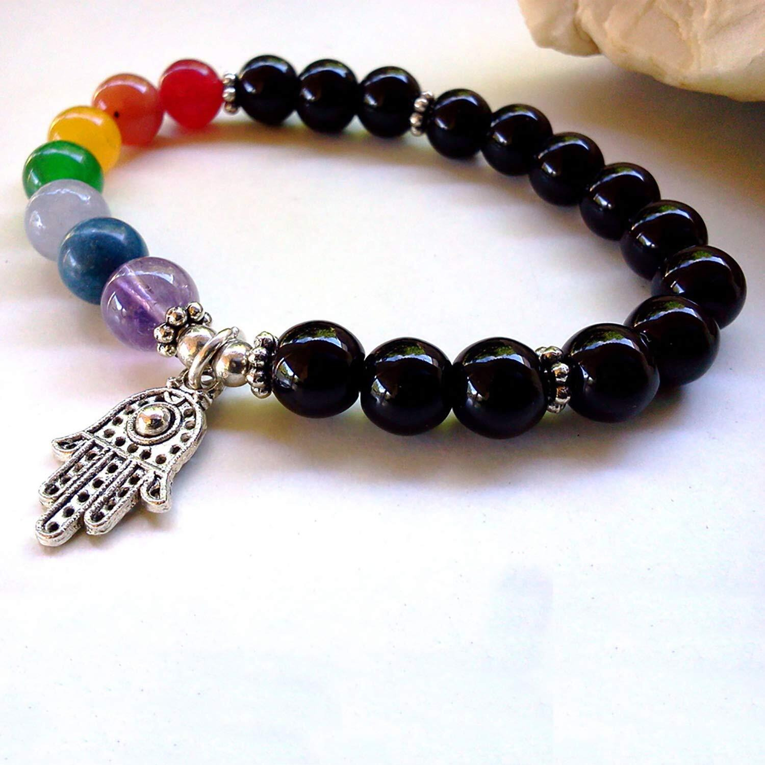 Young & Forever Gift Unisex Adult DVine Hamsa Hand Onyx Beads 7 Chakra Reiki Healing Bracelet (Black)
