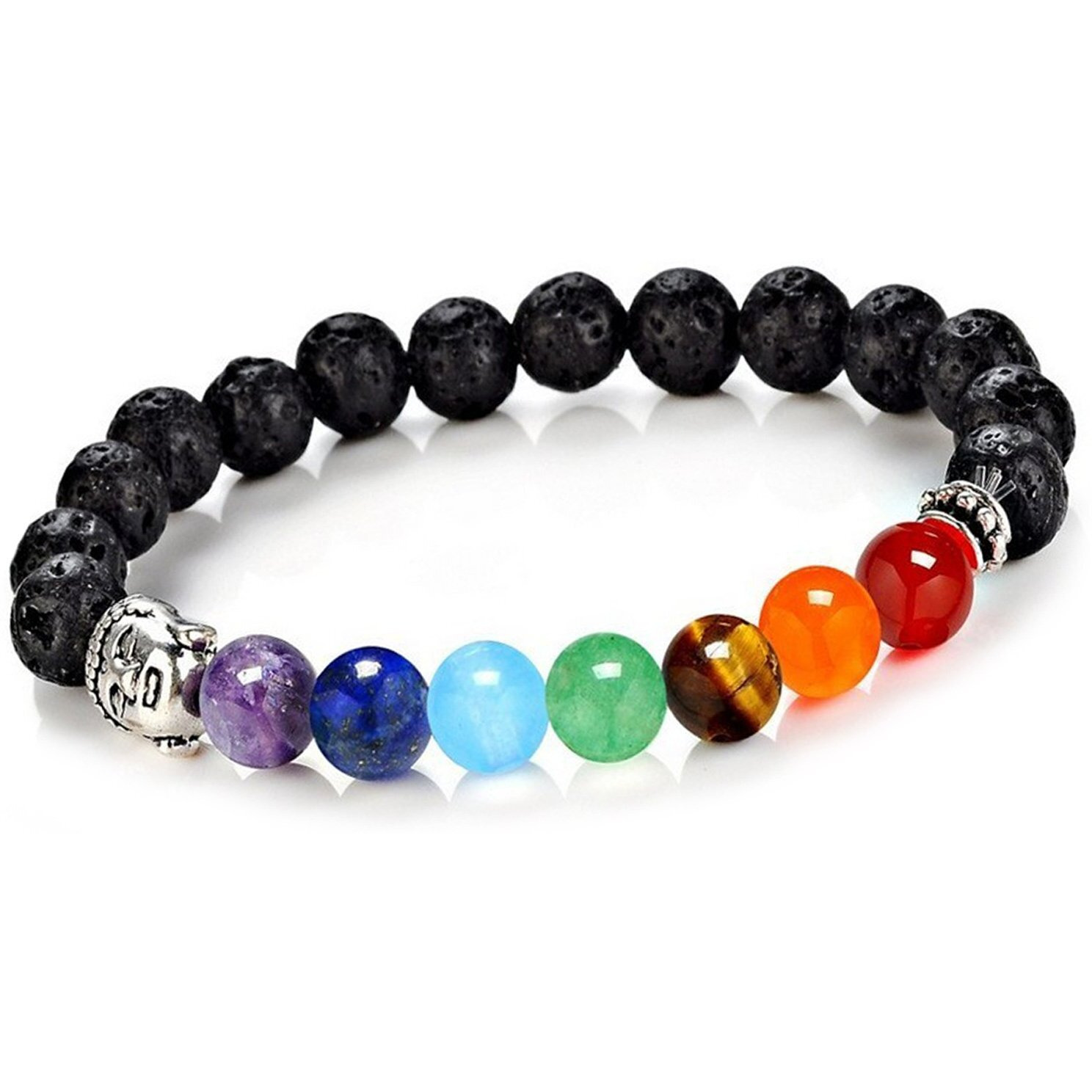 Young & Forever Gift DVine Lava Rock Seven Chakra Diffuser Healing Beads Yoga Reiki Silver Buddha Charm Natural Stone Energy Strand Bracelet For Unisex Adult