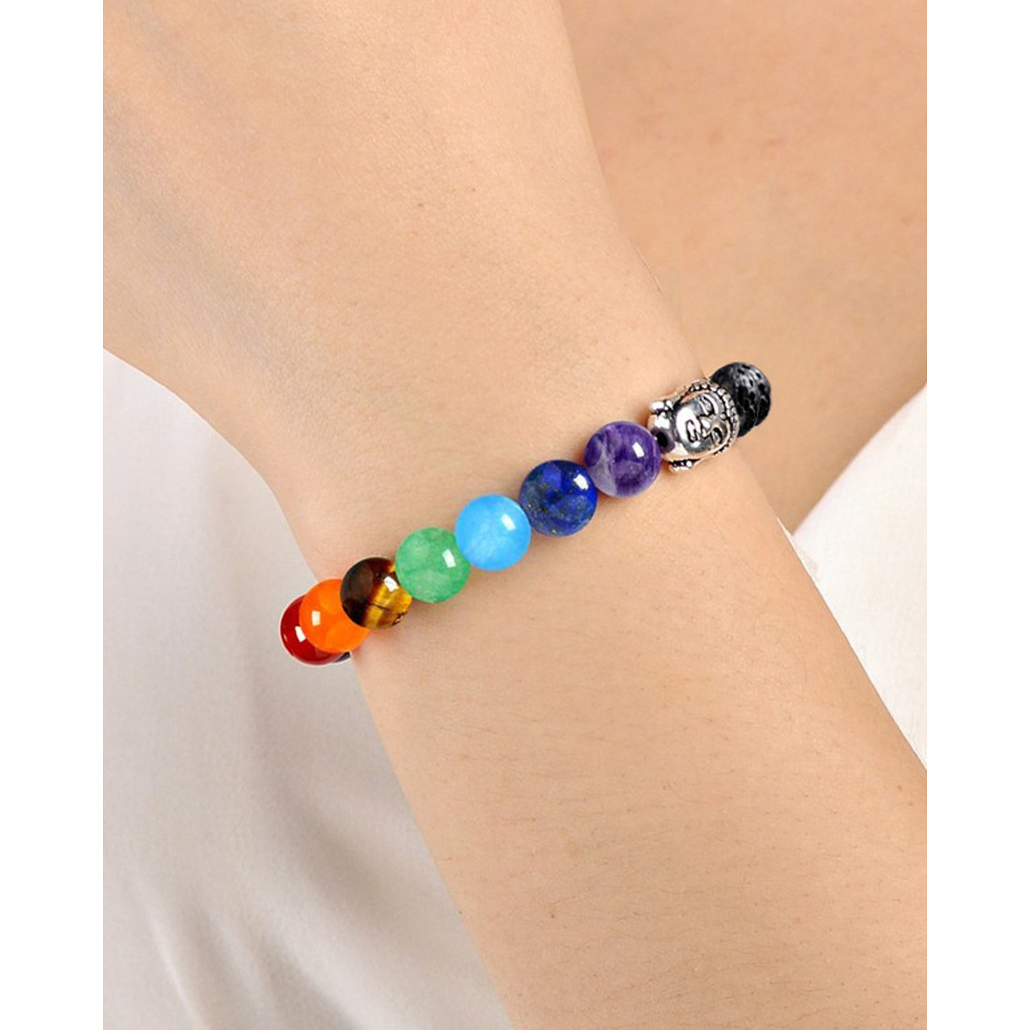 Young & Forever Gift DVine Lava Rock Seven Chakra Diffuser Healing Beads Yoga Reiki Silver Buddha Charm Natural Stone Energy Strand Bracelet For Unisex Adult