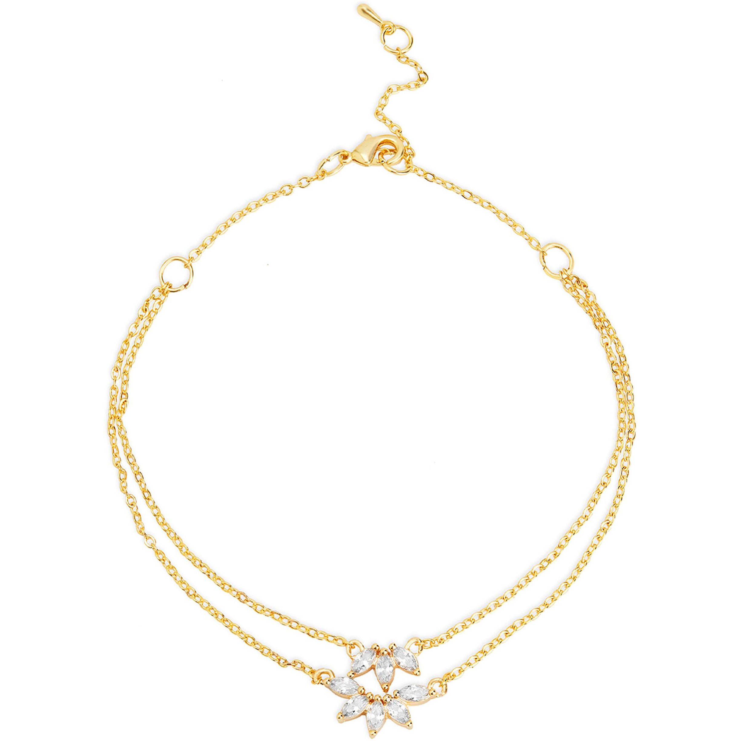 MINUTIAE Flower Shape Layered Anklet With Solitaire Crystal Diamonds Painjan Payal Foot Chain Jewellery For Women and Girls (Gold)