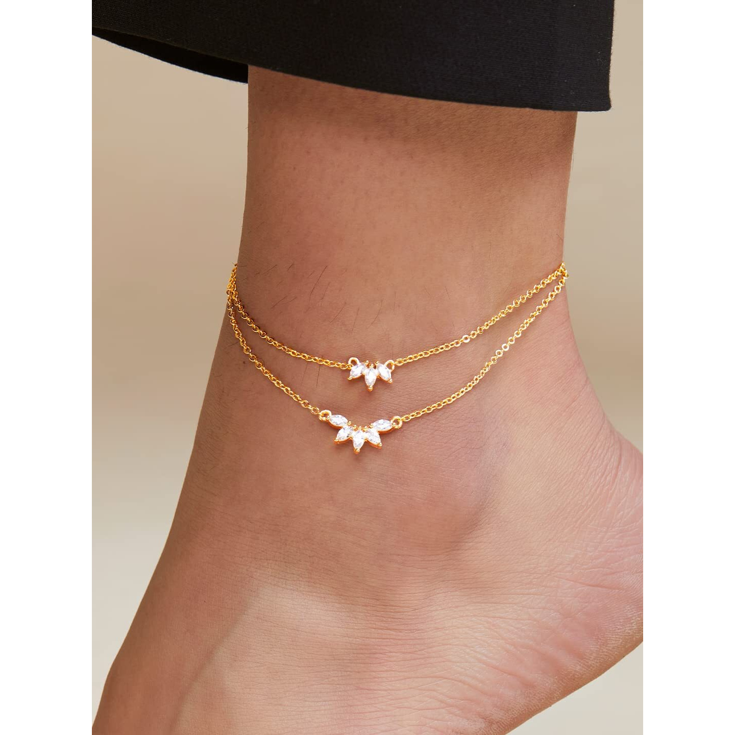MINUTIAE Flower Shape Layered Anklet With Solitaire Crystal Diamonds Painjan Payal Foot Chain Jewellery For Women and Girls (Gold)