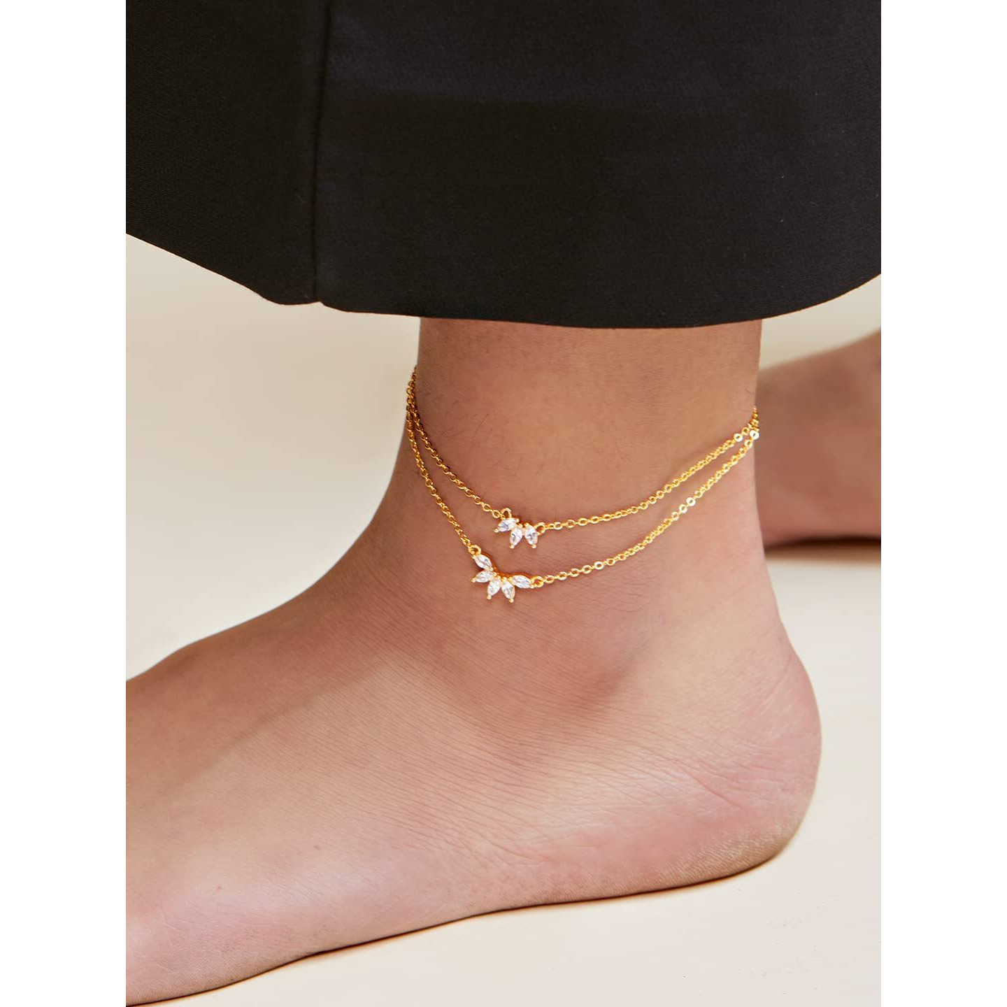 MINUTIAE Flower Shape Layered Anklet With Solitaire Crystal Diamonds Painjan Payal Foot Chain Jewellery For Women and Girls (Gold)