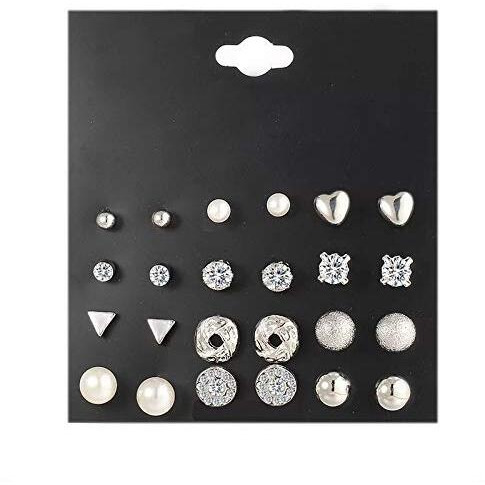 Shining Diva Fashion 10869er Non Precious Base Metal Stud Silver Earrings for Girls - Combo Set of 12 Pairs (10869er)