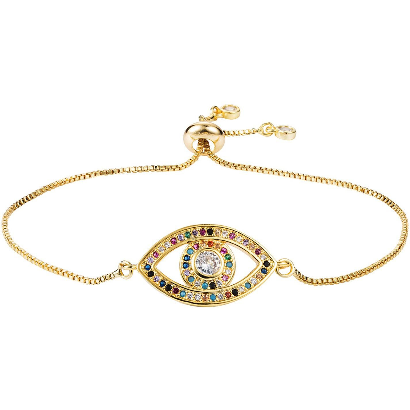 Young & Forever Gift Eye-Catchy 18k Gold Plated Bolo Chain Rainbow Cubic Zirconia Embellished Evil Eye Charm Gold Plated Kabbalah Bracelet for Women and Girls